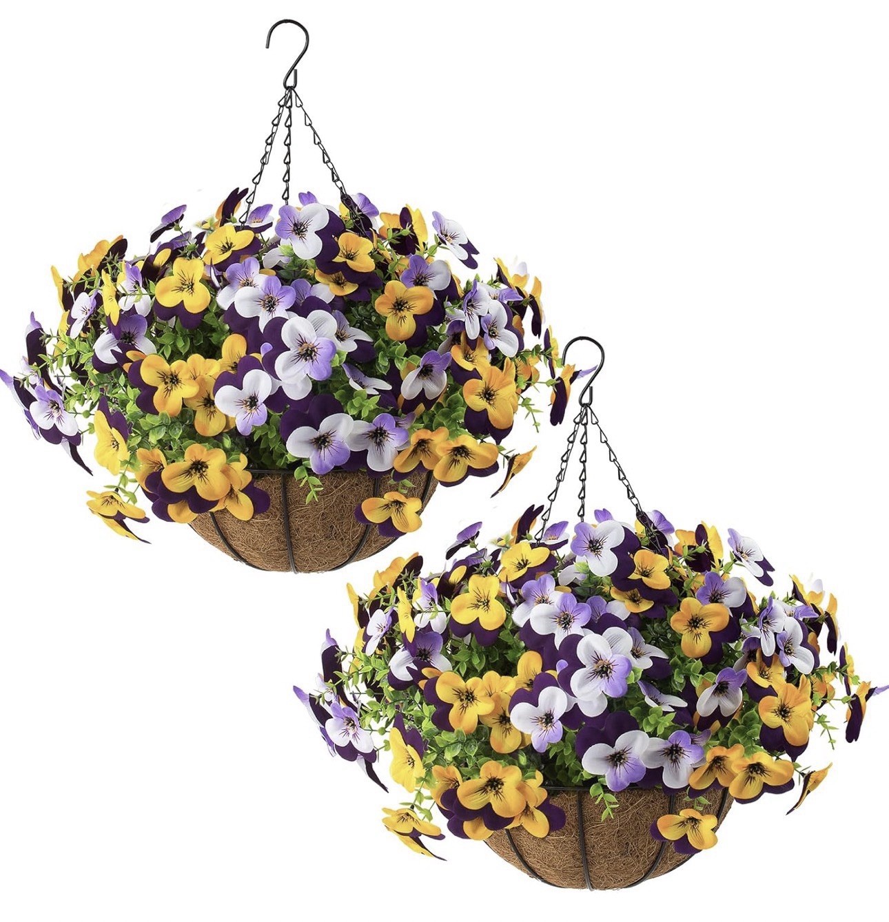 2 Set Artificial Outdoor Pansy Flowers with Hanging Baskets, 2 Hanging Baskets w