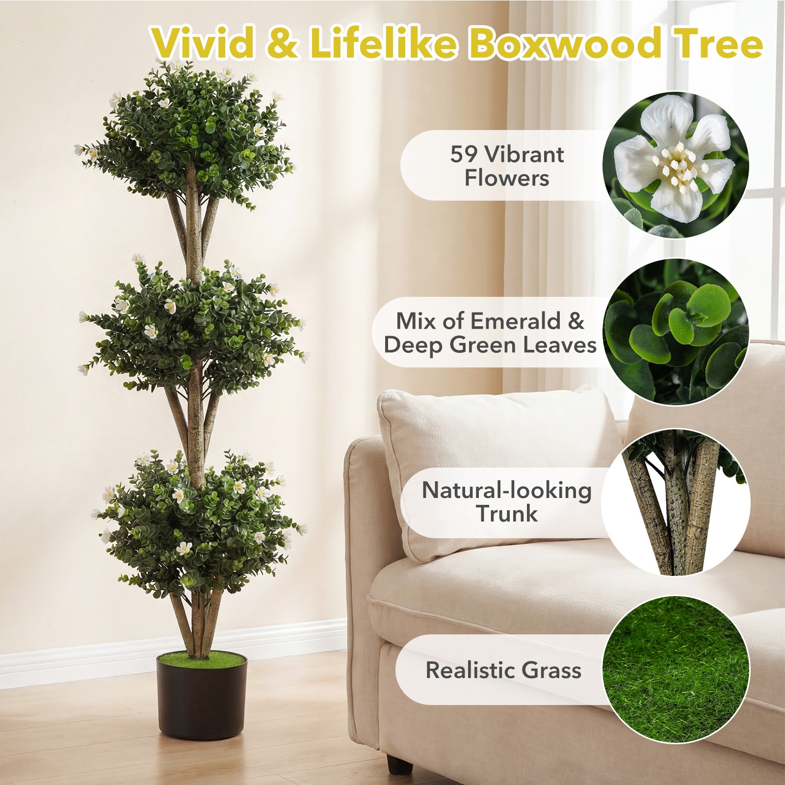 2PCS Artificial Triple Ball Boxwood Topiary Tree w/59 Blossoms for Porch Home