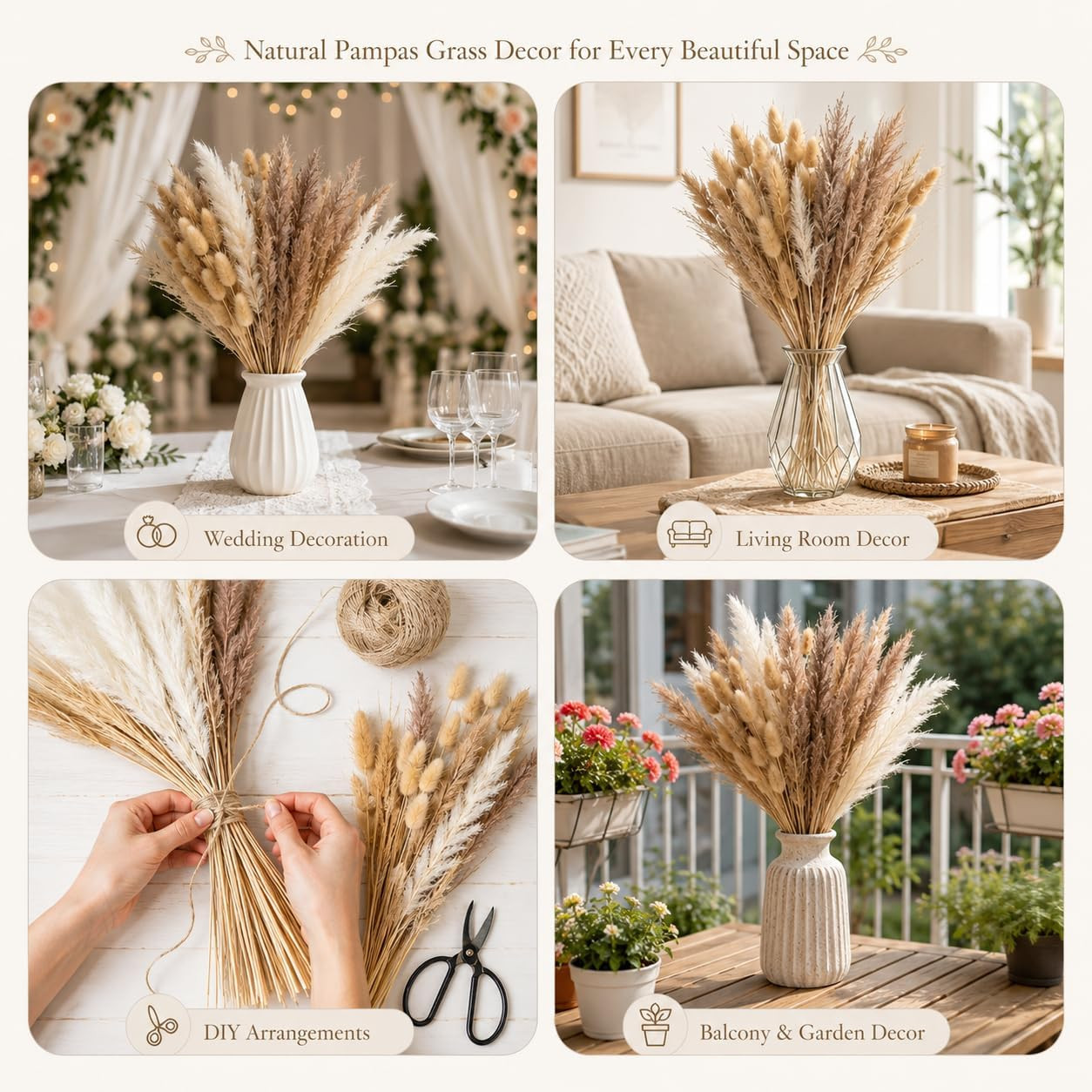 Dried Pampas Grass 100 Stems, Bunny Tails Boho Wedding Decor | 100 Mixed Stems