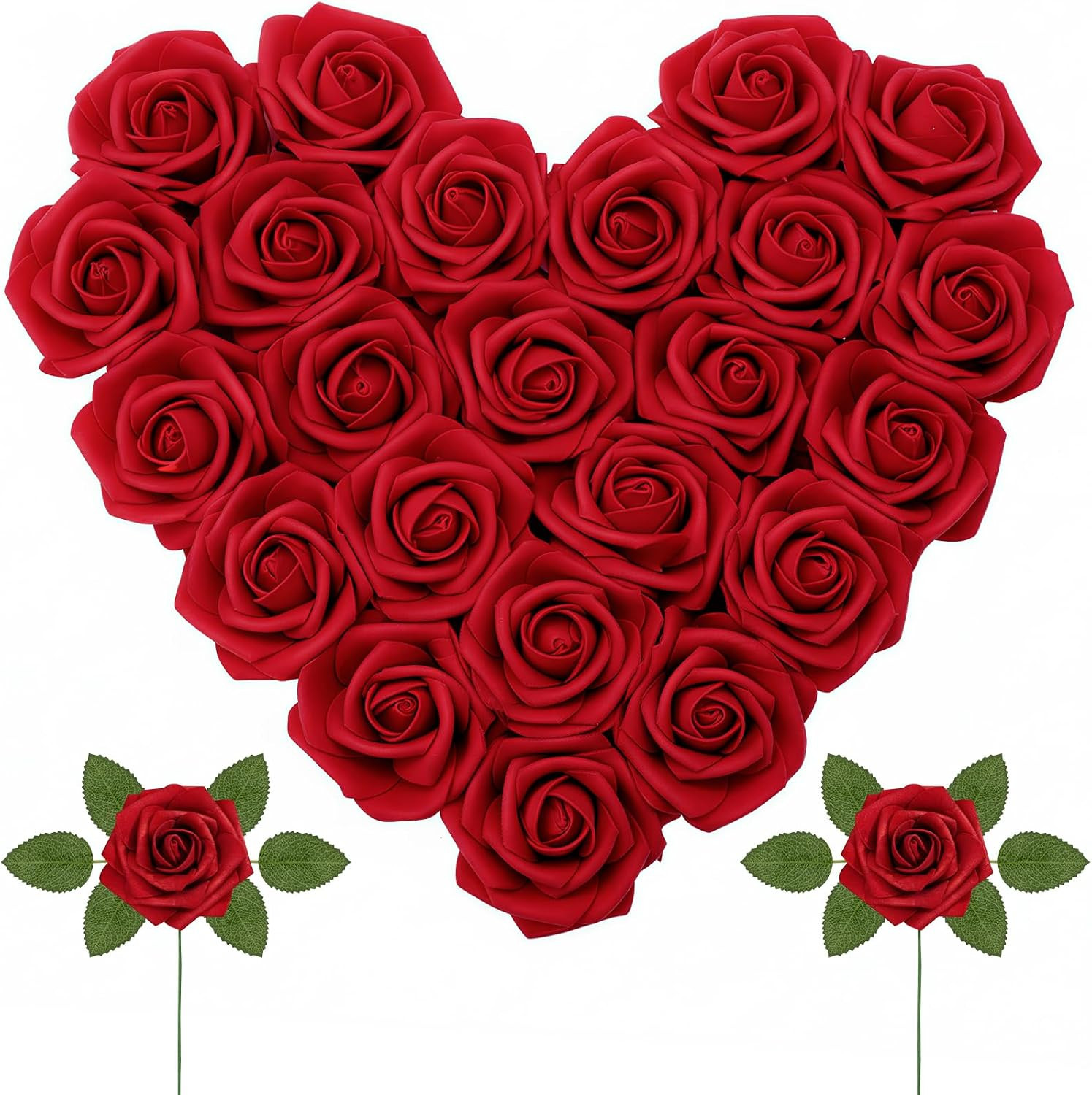 Artificial Flowers, 25 Pcs Dark Red Foam Real Looking Roses with Stems, Fake Ros