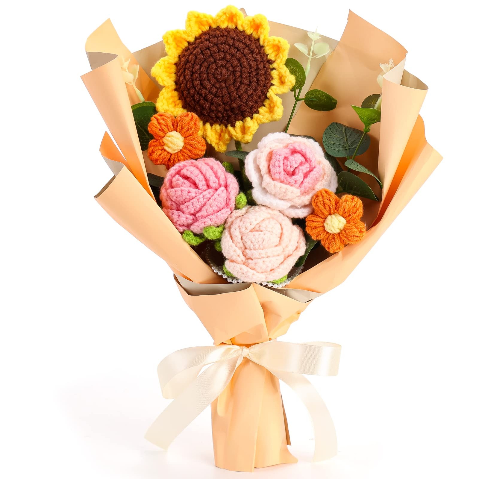 Completed Crochet Flower Bouquet, Orange Handmade Knitted Bouquet, Crochet Bo…