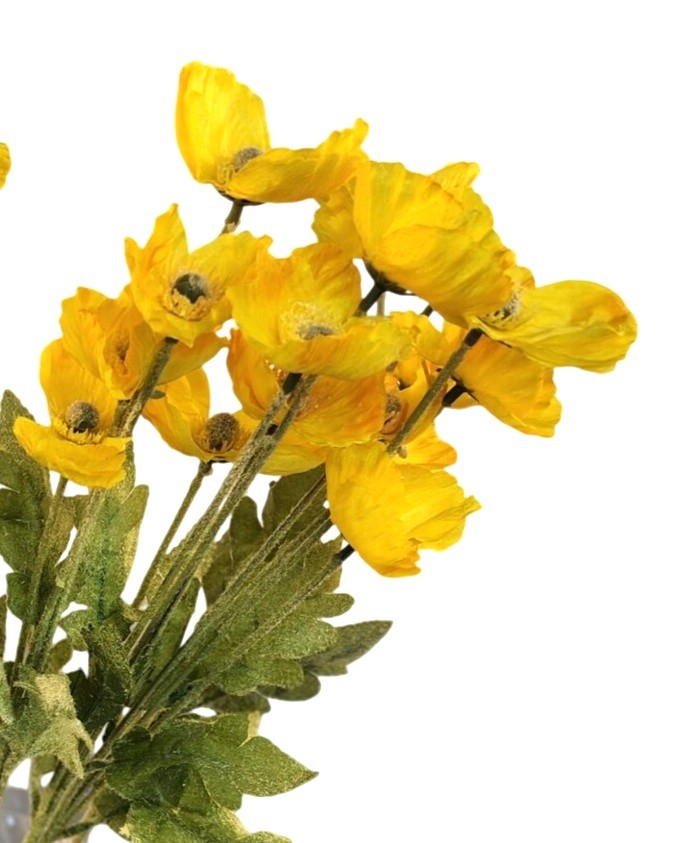 Yellow Artificial Poppy Flower Stems Silk & Plastic Foliage Single Stem Realisti