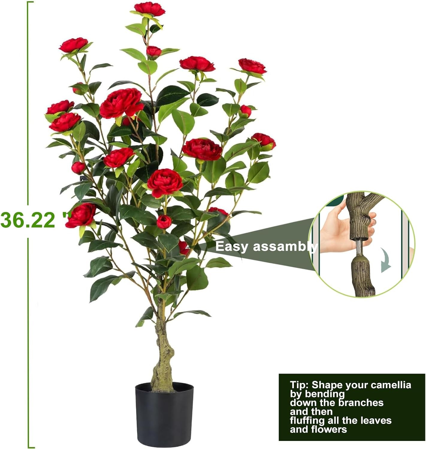 Artificial Camellia Tree 2 Pack, 3FT Faux Camellia Plant in Pot, 36 inch Fake
