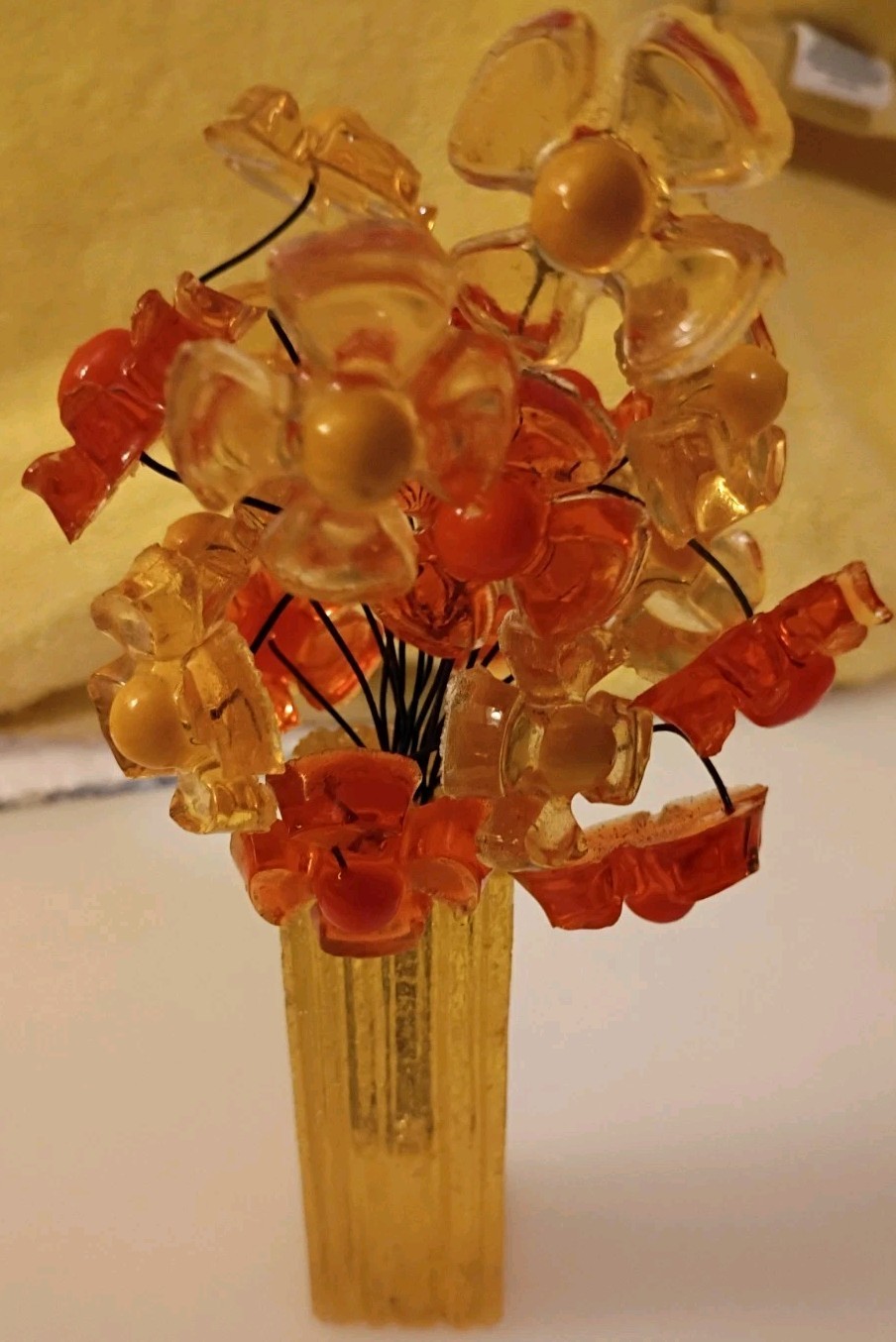 Colorflo 1960/70s Lucite Acrylic Mod Orange/Yellow Flowers In Lucite Vase