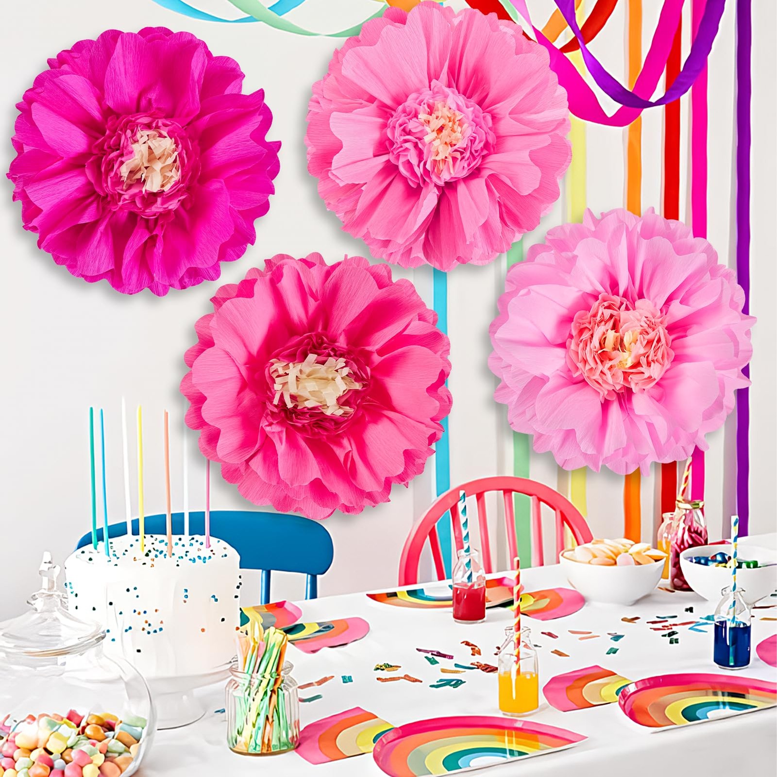 20″ Giant Pink Flowers 4 PCS Large Crepe Tissue Flowers Pink Party Decoration…