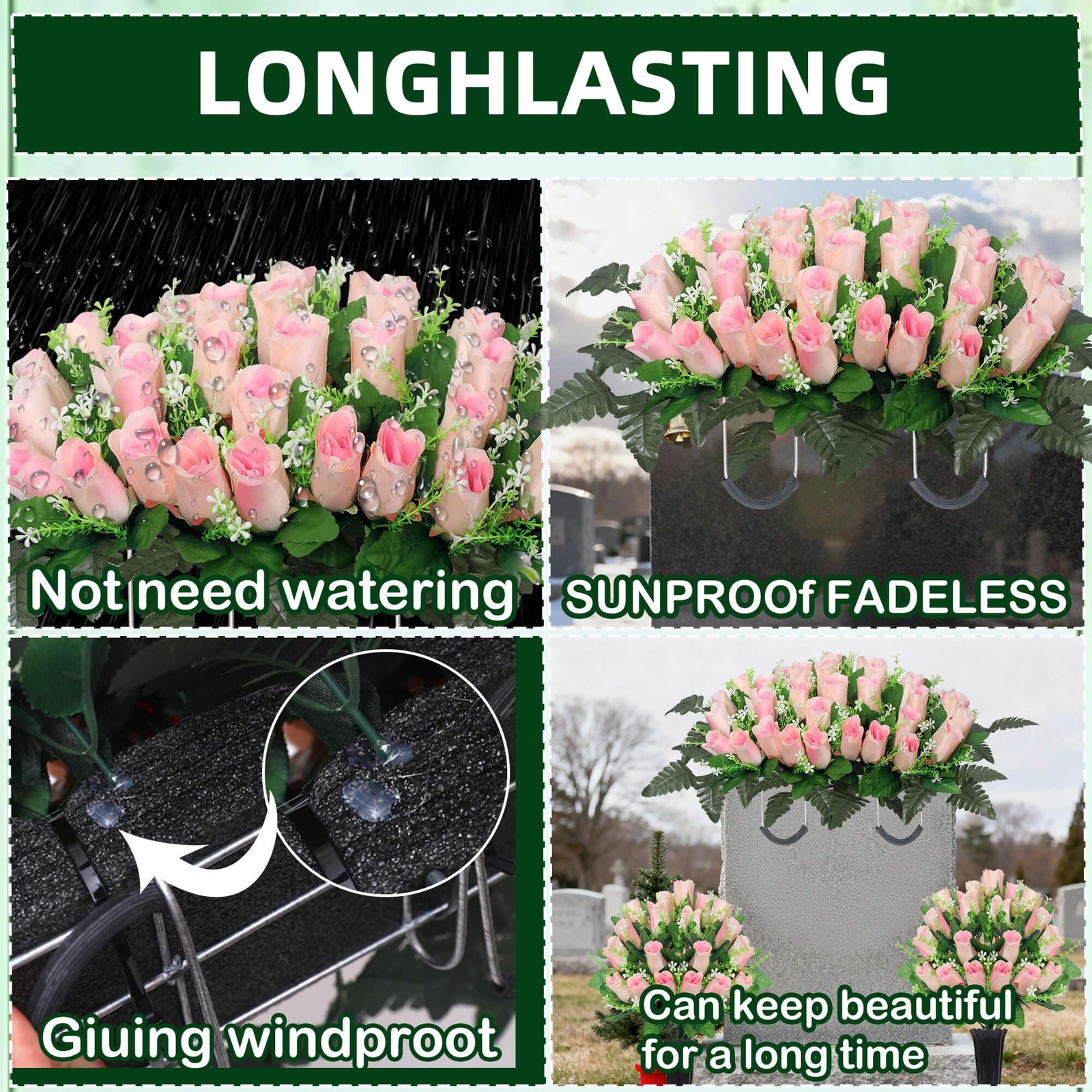 Cemetery Flowers for Grave,Headstone Flower Saddle with 2 Sets Grave Rose Flo…