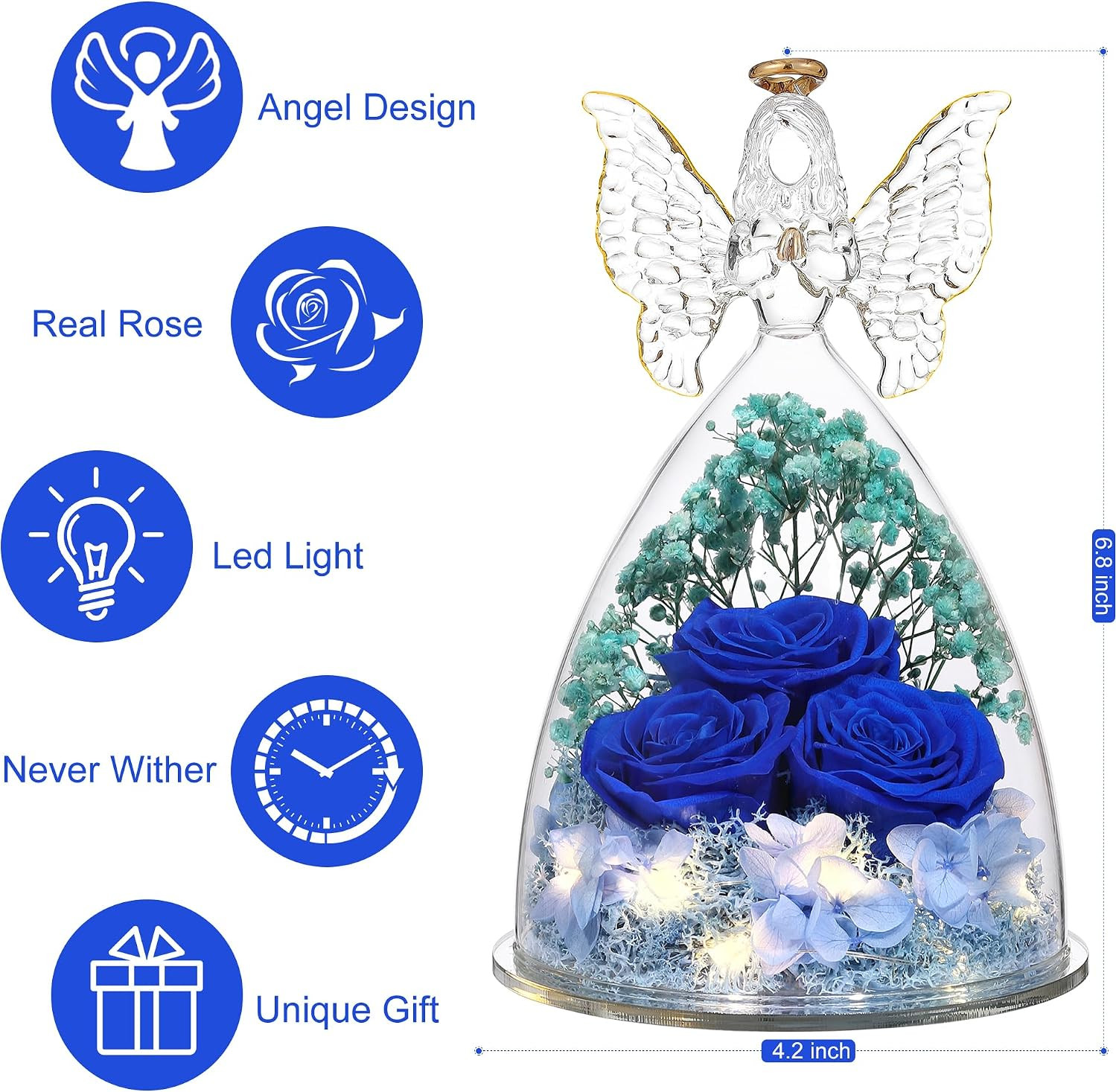 Mothers Day Rose Gifts for Women Preserved Real Flower in Glass Angel Figurines