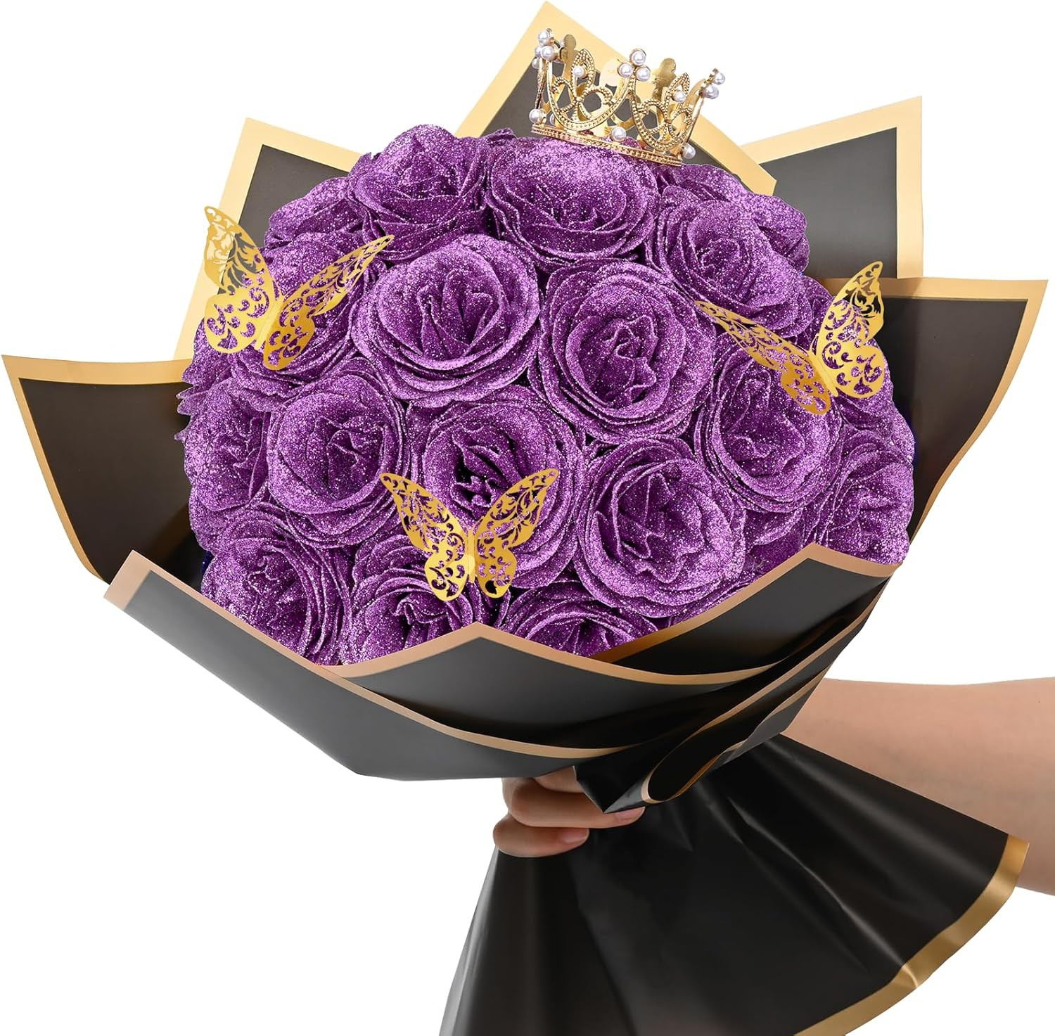 24 Lilac Glitter Roses Bouquet, DIY Fake Flowers, Everlasting, Valentines, Gift