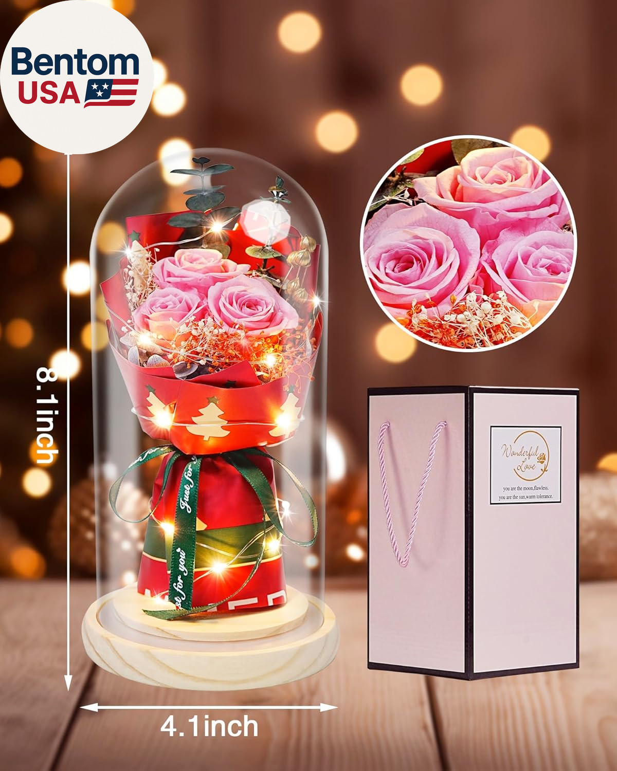 Preserved Flowers in Glass for Her,Pink Real Rose Bouquet with LED Light,Eternal
