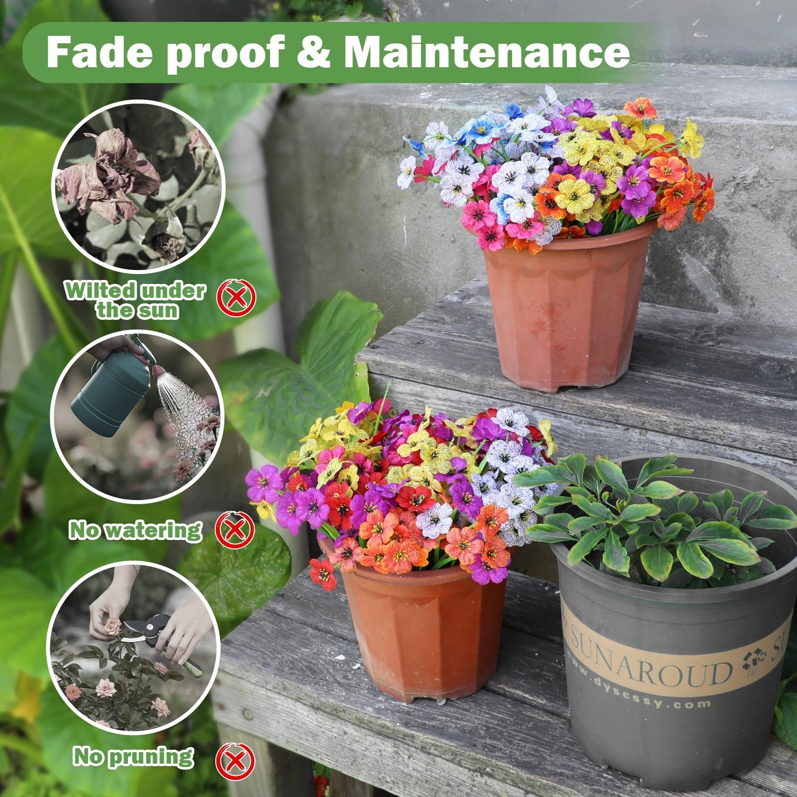24 Bundles UV-Resistant Fake Outdoor Flowers – Realistic Plastic Faux Plants for