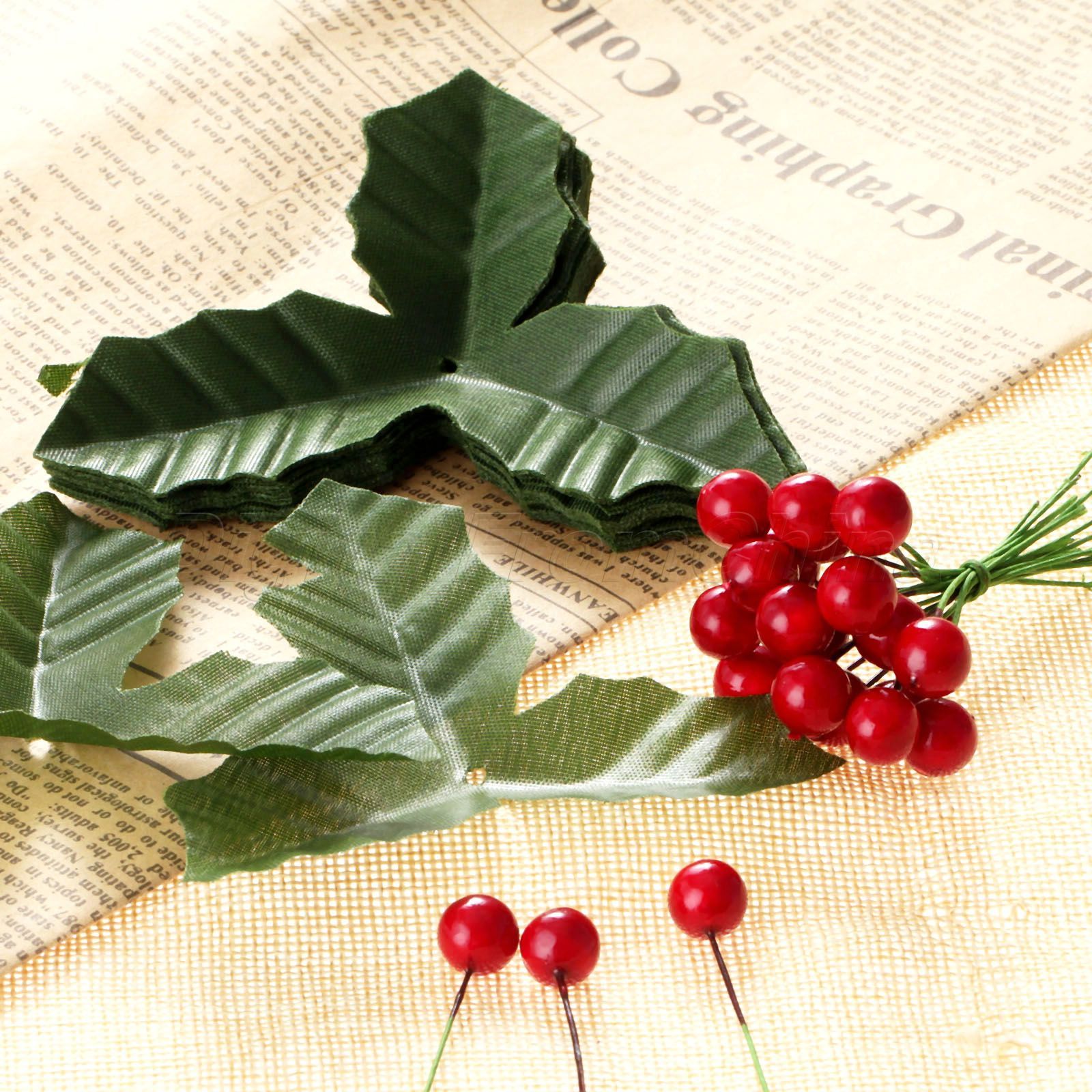Green Flower Leaves & 50x Artificial Red Holly Berries Garden Wedding Home Decor