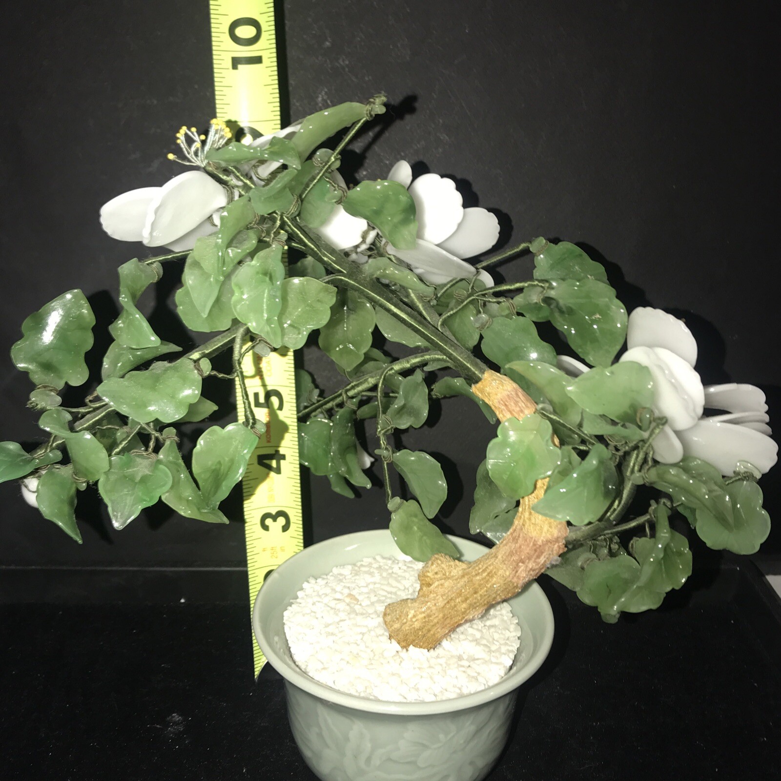 Vtg Chinese Jade & Glass Bonsai Tree Large White Peony Flowers Celadon Pot MCM