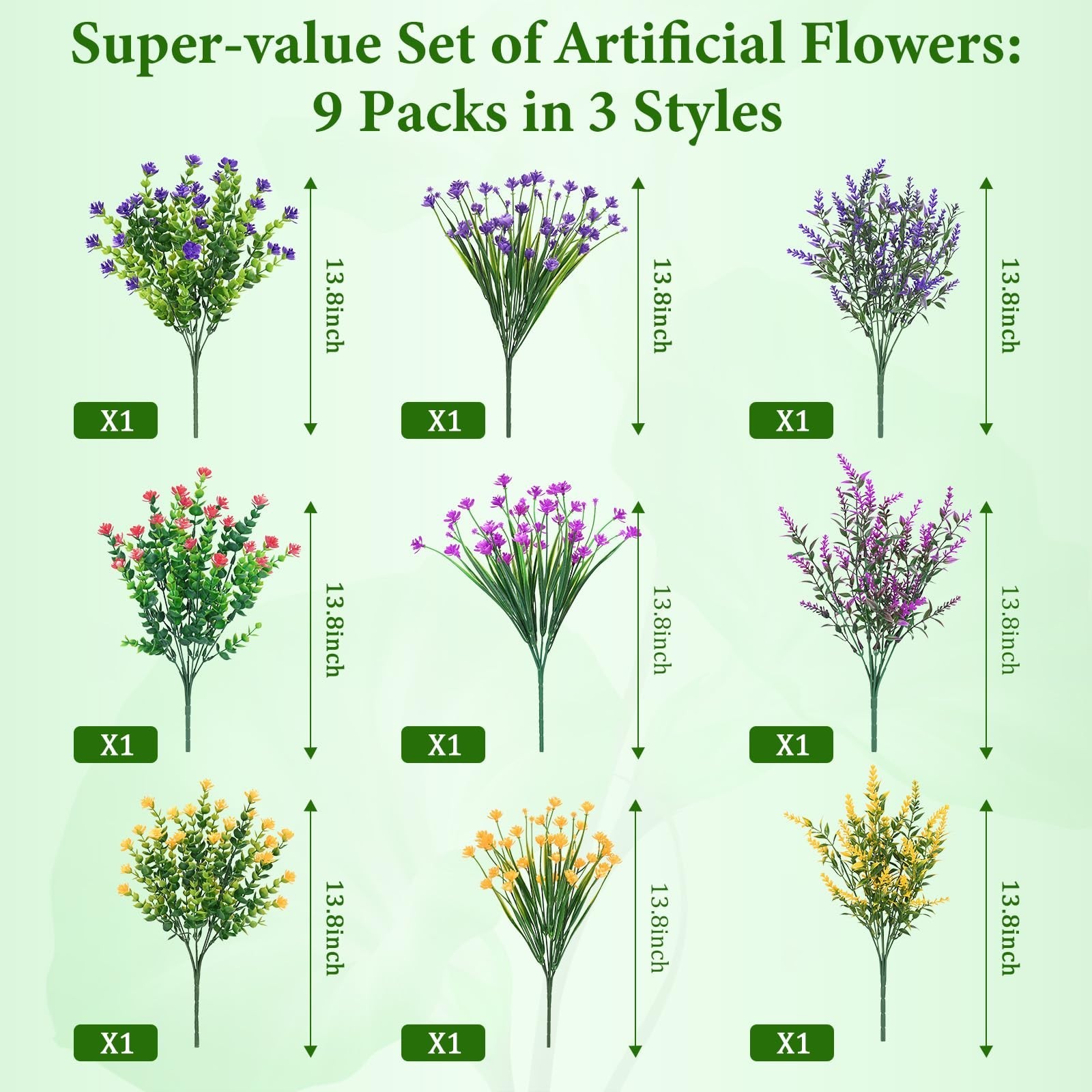 UV Resistant Artificial Flowers – 9 Bundles Realistic Outdoor Plants for Garden