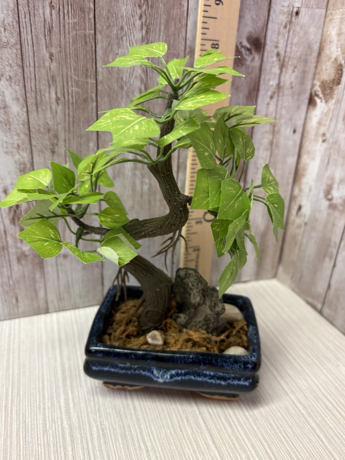 Artificial Bonsai Tree 8” Faux Plant In Vintage Blue 4×3 Pot FREE SHIPPING