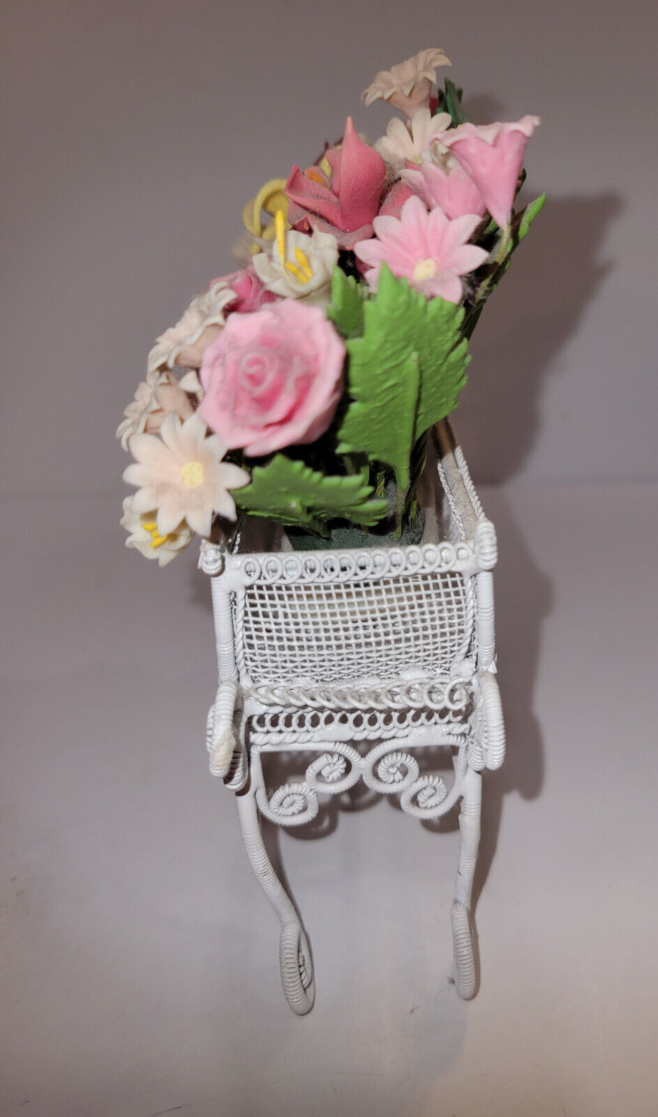 Spring Floral Artifical Arrangement in a Ornate White Metal Stand Small 5x5x1.75