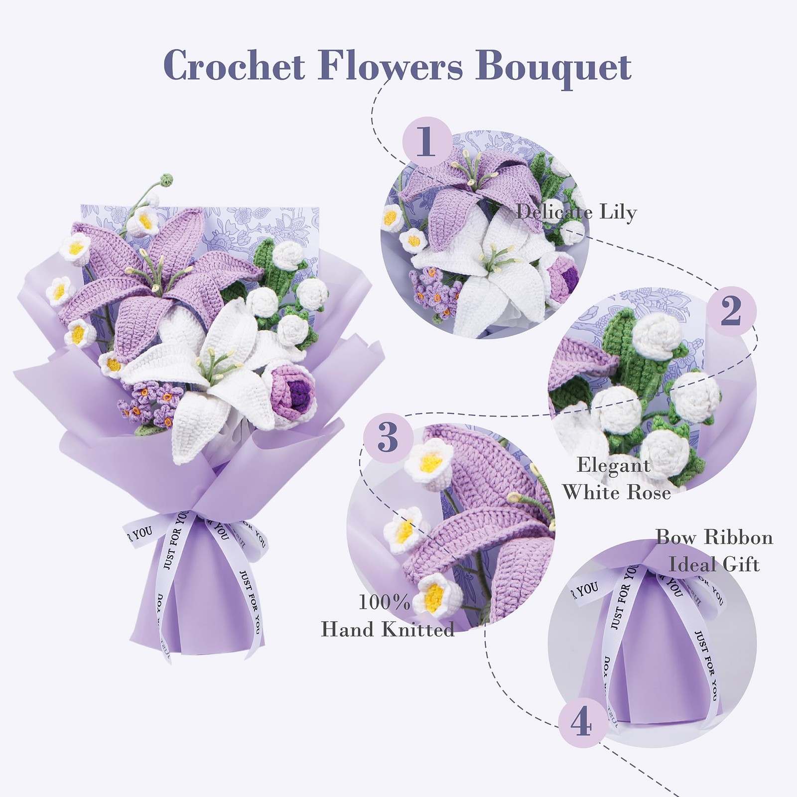 Crochet Flower Bouquet, Handmade Knitted Lily Faux Crochet Flowers for Home D…