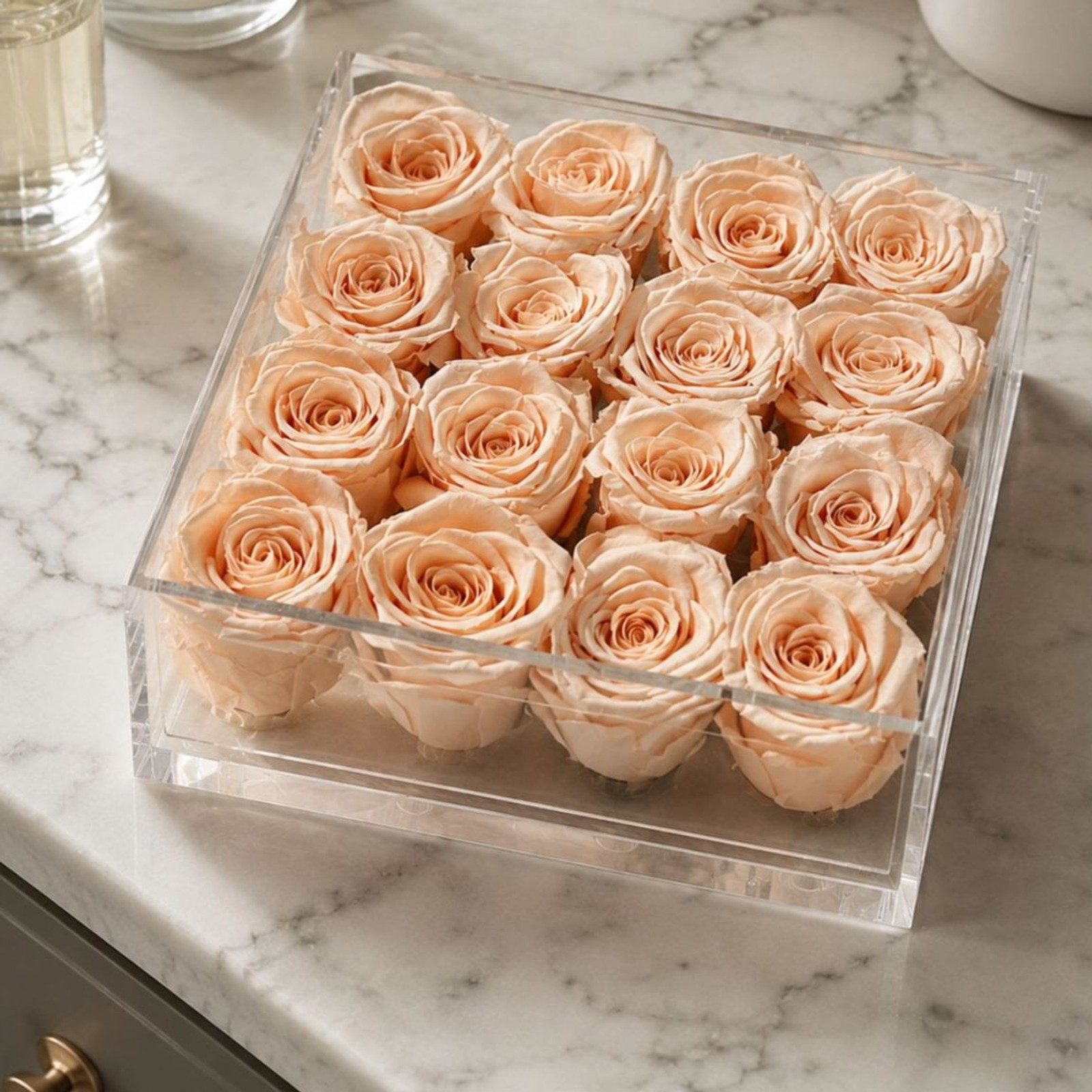 16 Preserved Blush Peach Roses in Clear Acrylic Box Luxury Floral Arrangement