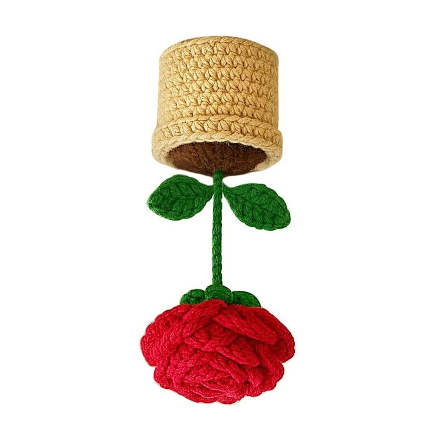 Hand Knitted Eco Friendly Crochet Artificial Hand Woven Yarn Red Rose Pot