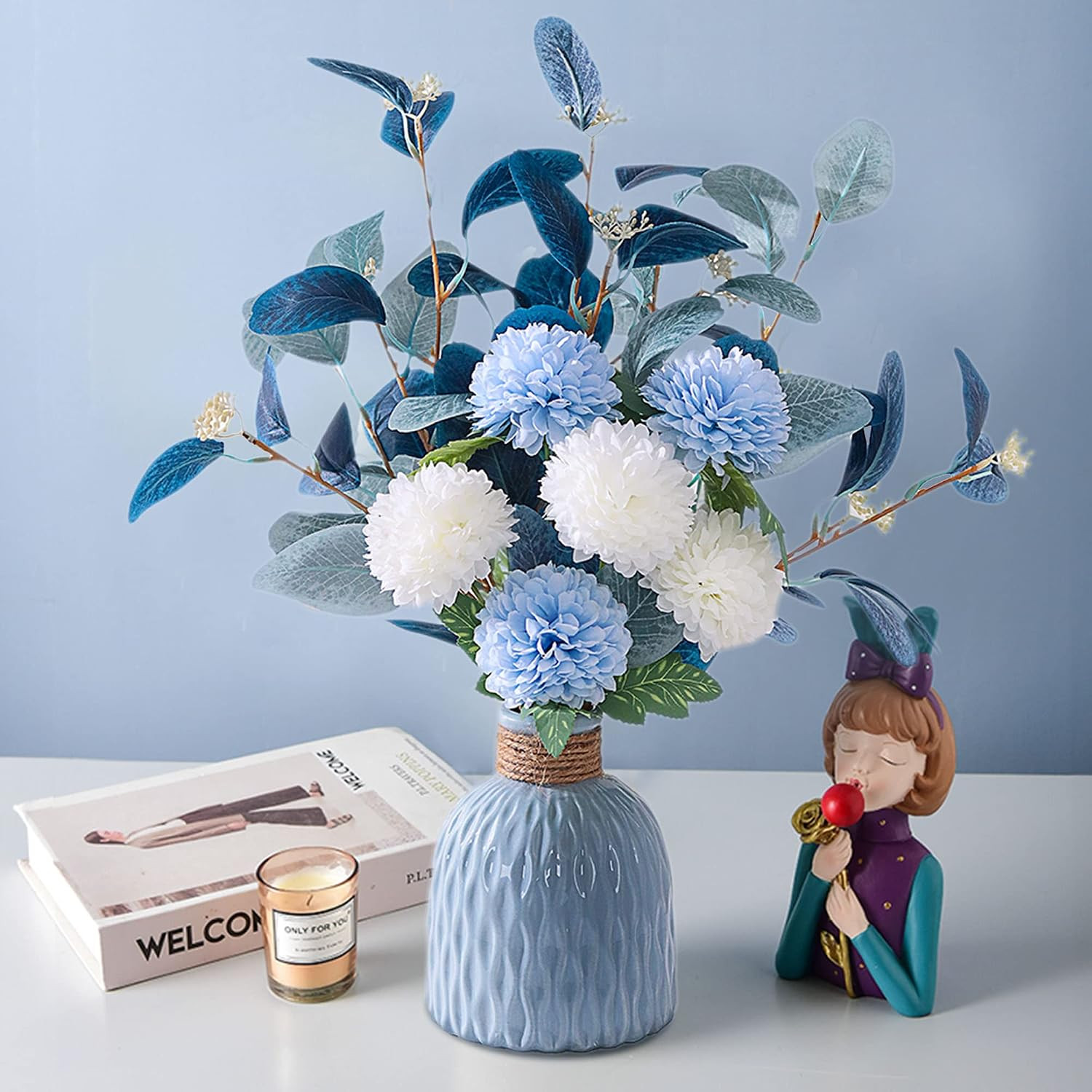 Elegant Artificial Hydrangea & Eucalyptus Bouquet with Vases for Home Decor