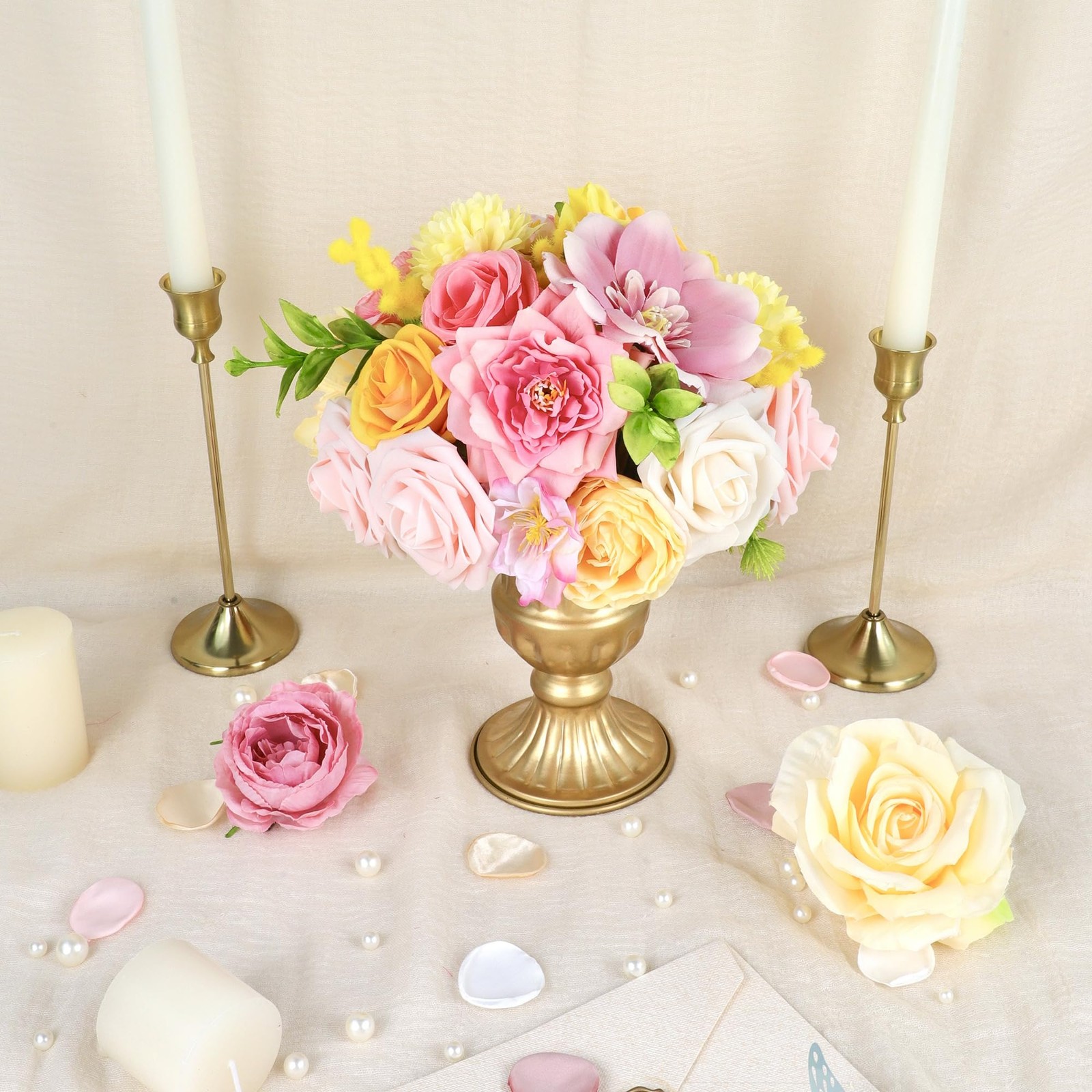Pink Yellow Artificial Rose Silk Flowers Centerpieces Bridal Bouquet Baby Shower