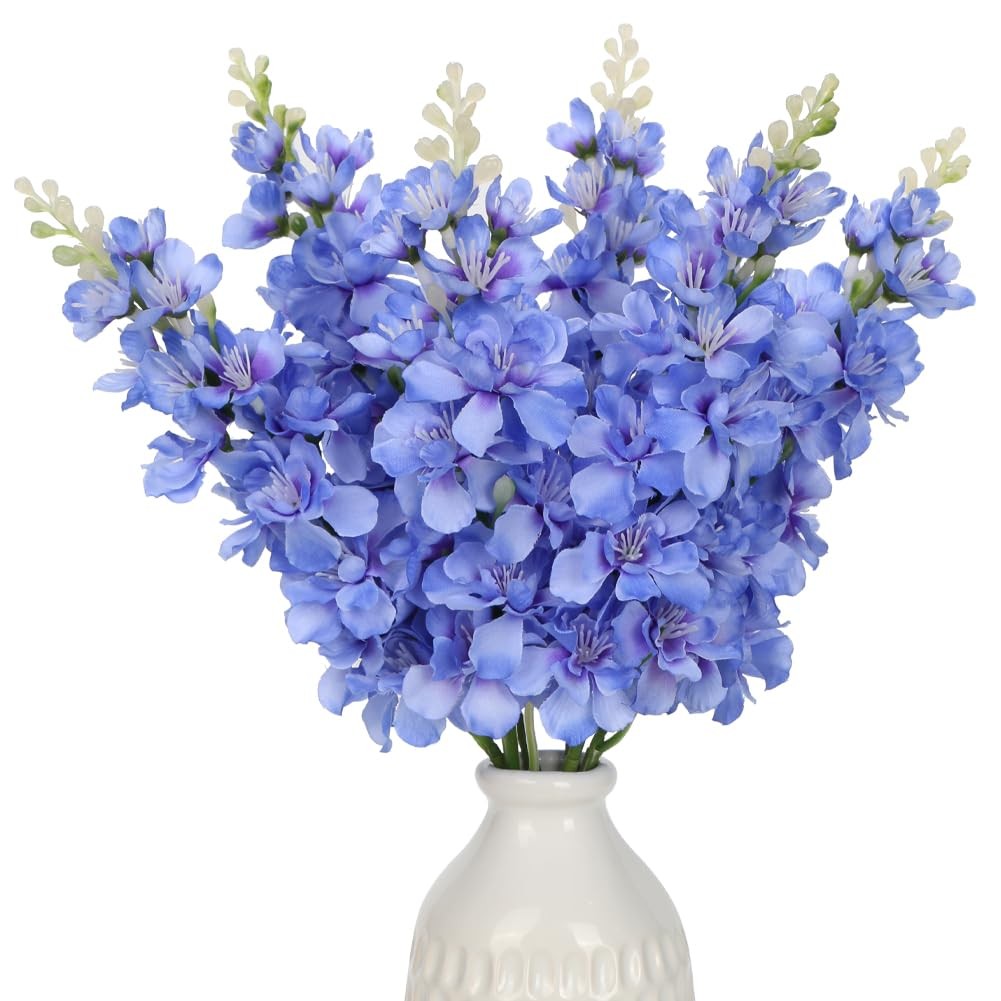 6 PCS Blue Delphinium Artificial Flowers 17.5 Inch Silk Larkspur Decor