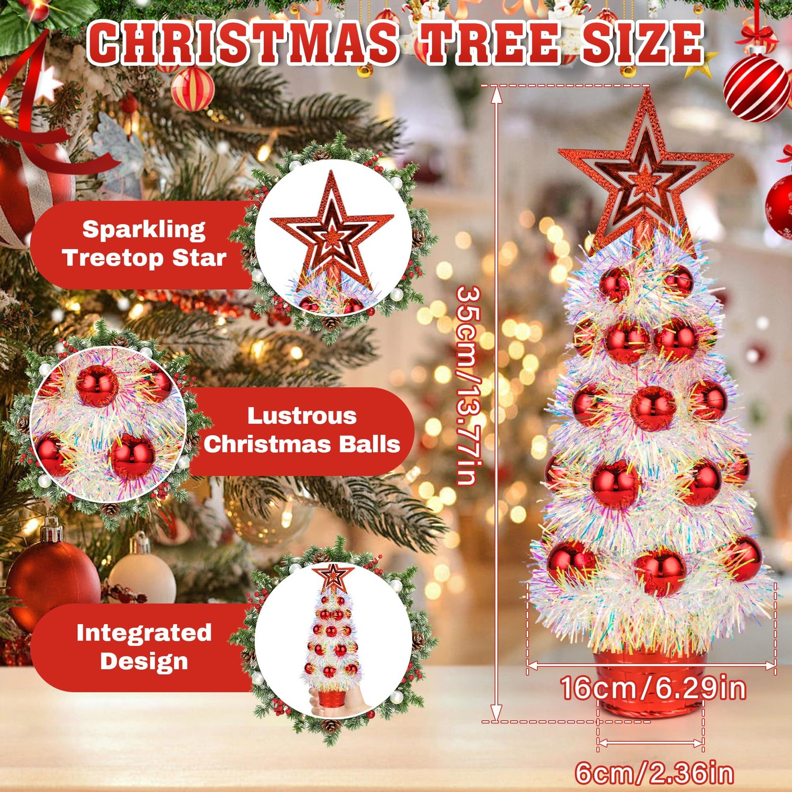 2 PCS Tabletop Christmas Trees Red Star Ornaments 14 Inch Mini White Tinsel