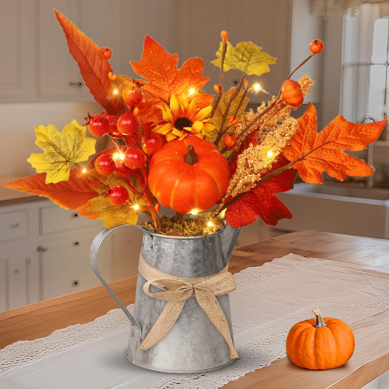 [Light & Timer] Fall Decor Table Centerpiece Rustic Metal Milk Jug with Artif…