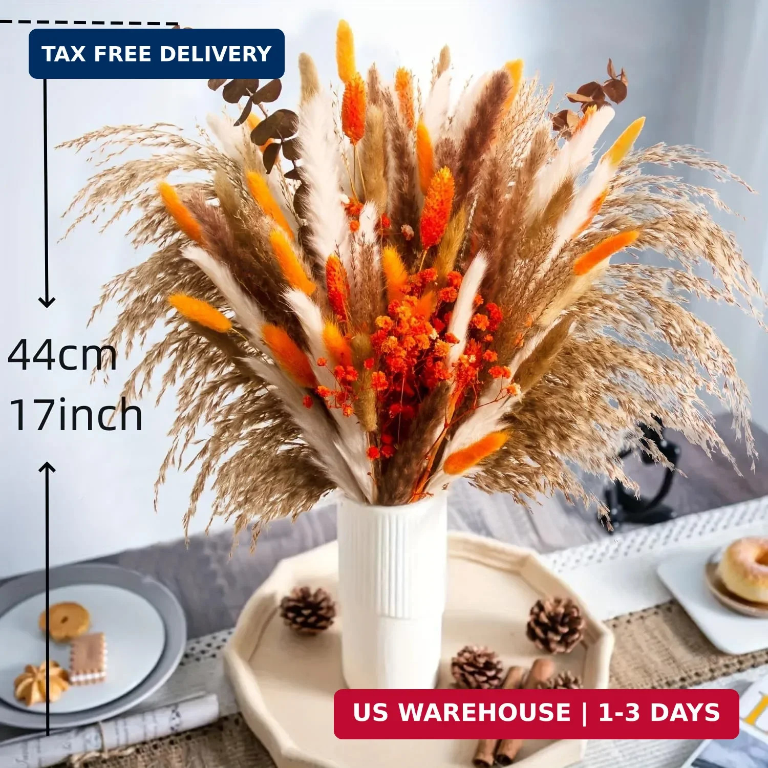80PCS Orange Dried Pampas Grass Bouquet, 17 Inch, Bunny Tail Reed Grass & Eucaly