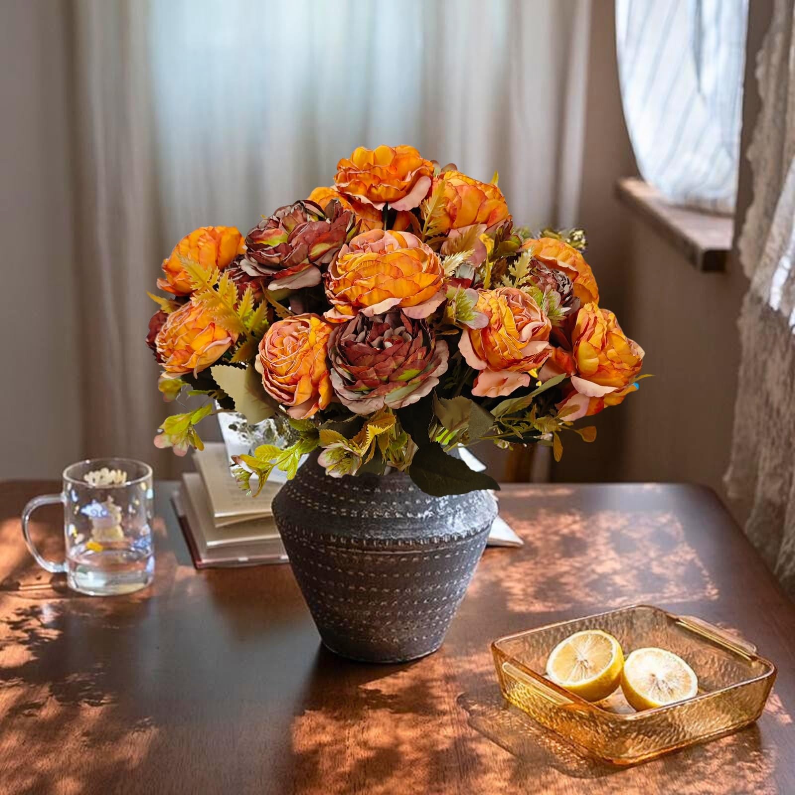 8 PCS Burnt Orange Peonies Artificial Flowers Fall Fake Peony Silk Bouquet Table