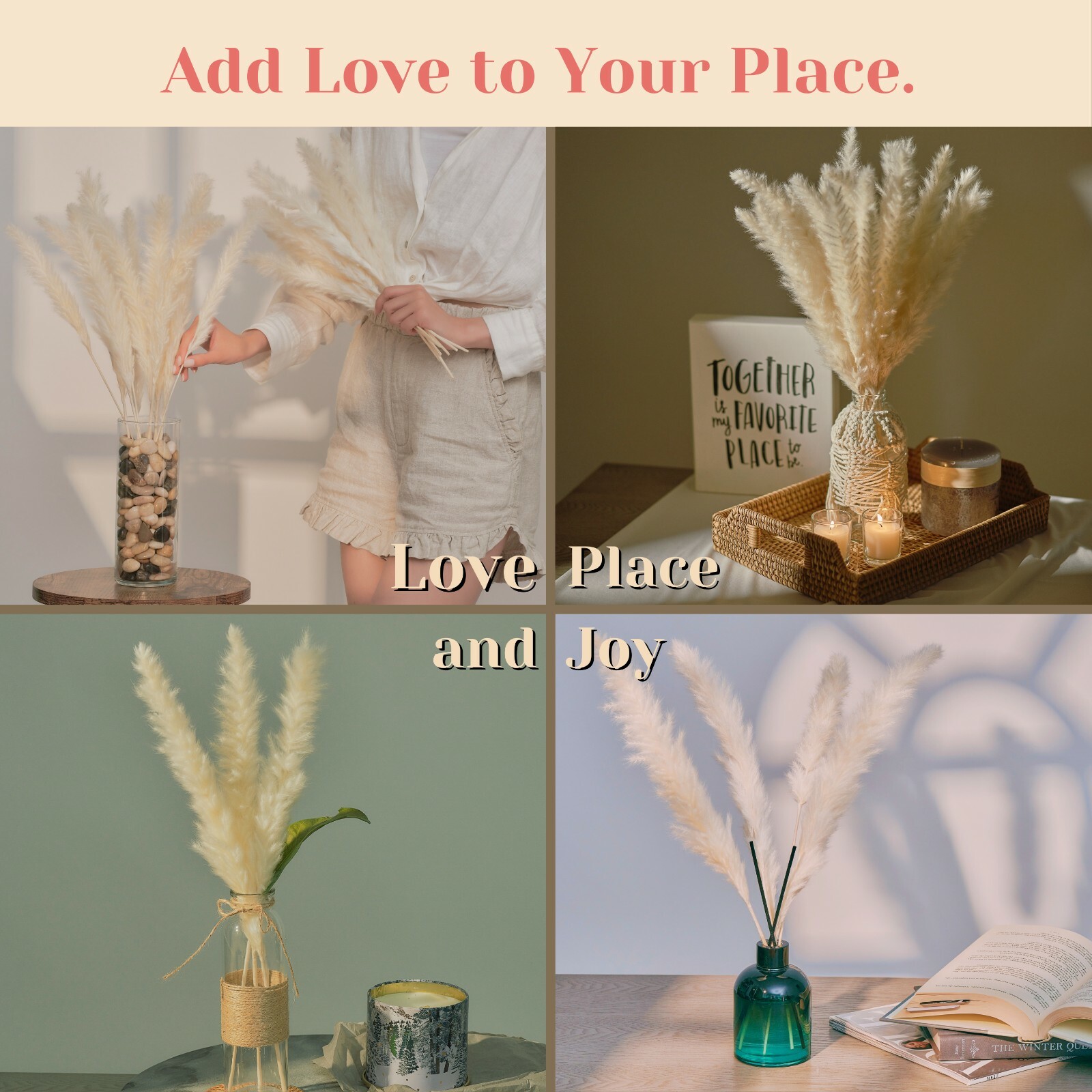 Fluffy City – 60 Pieces Natural Dried Pampas Grass with Wall Hanging Decor Set