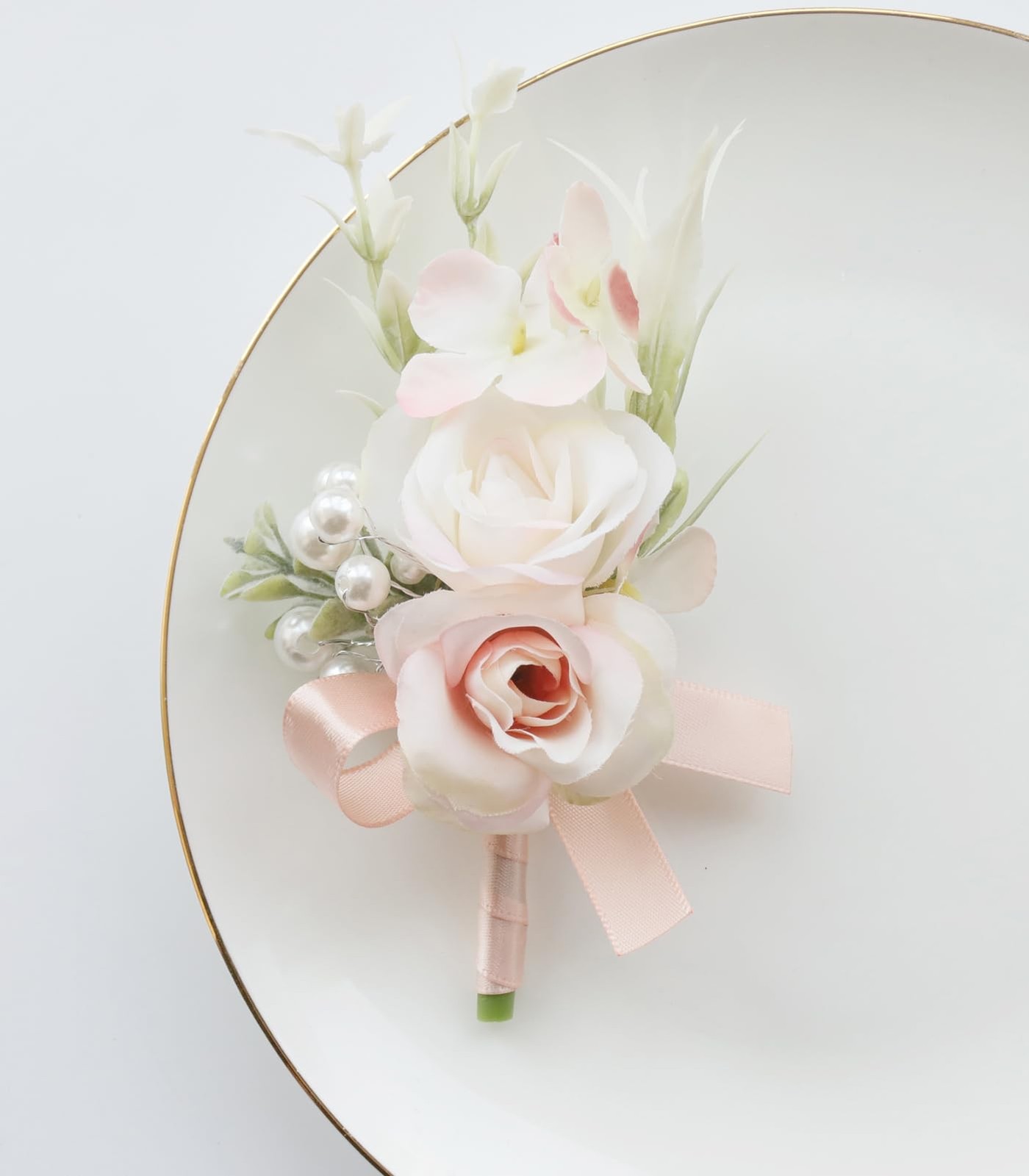 2 PCS Pale Pink Men Boutonniere Corsage Set Groom Groomsmen Wedding Prom Suit