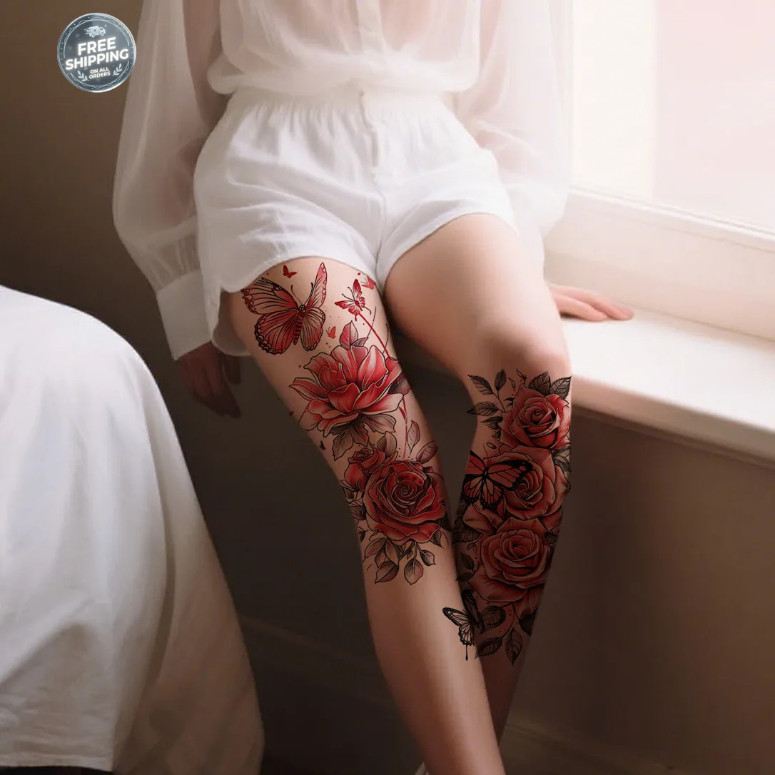 Long Lasting Waterproof Red Flower Butterfly Temporary Fake Tattoos For Women