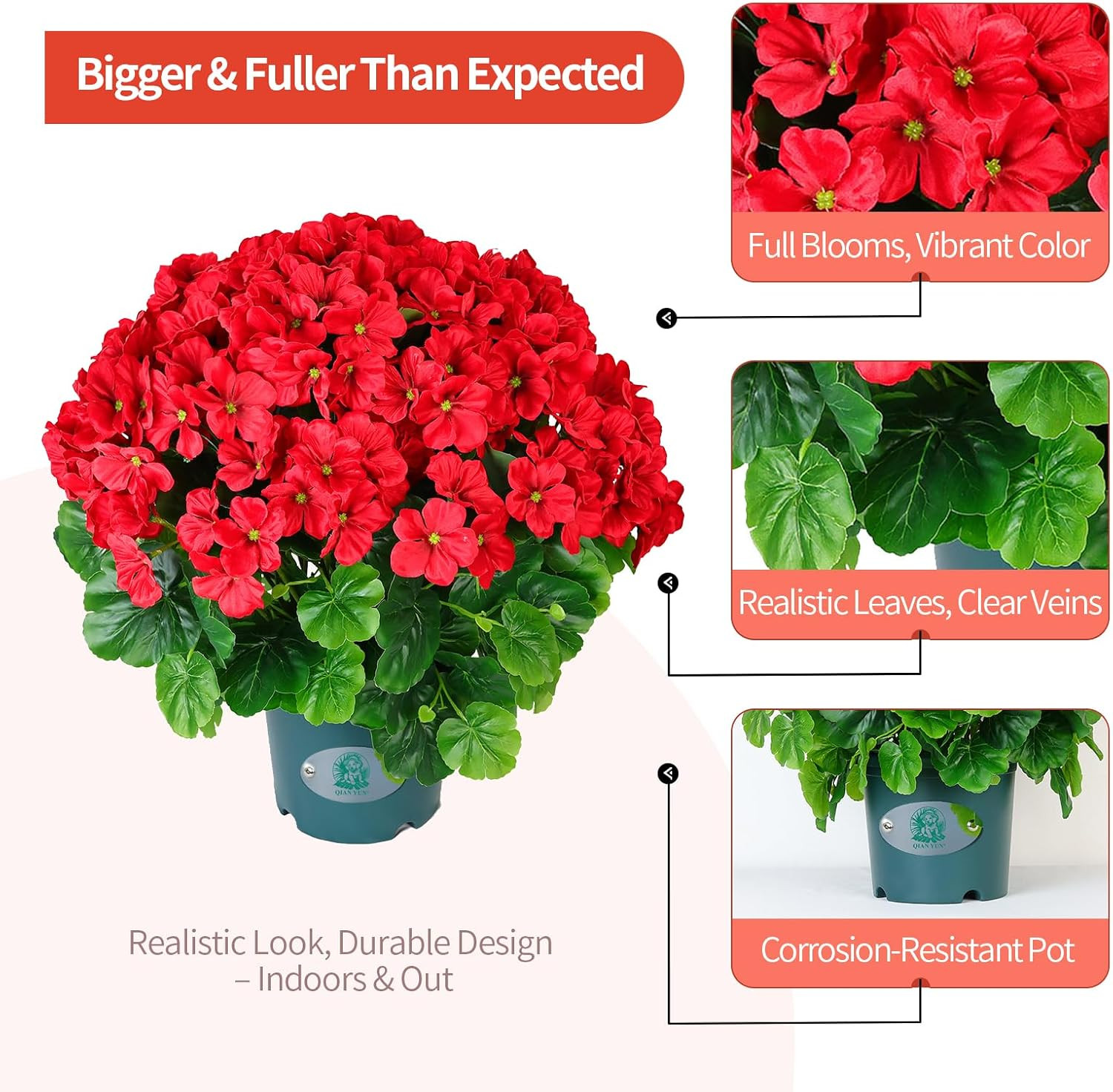 Realistic 18″ Deep Pink Geraniums – UV Resistant Faux Flowers for Home & Garden