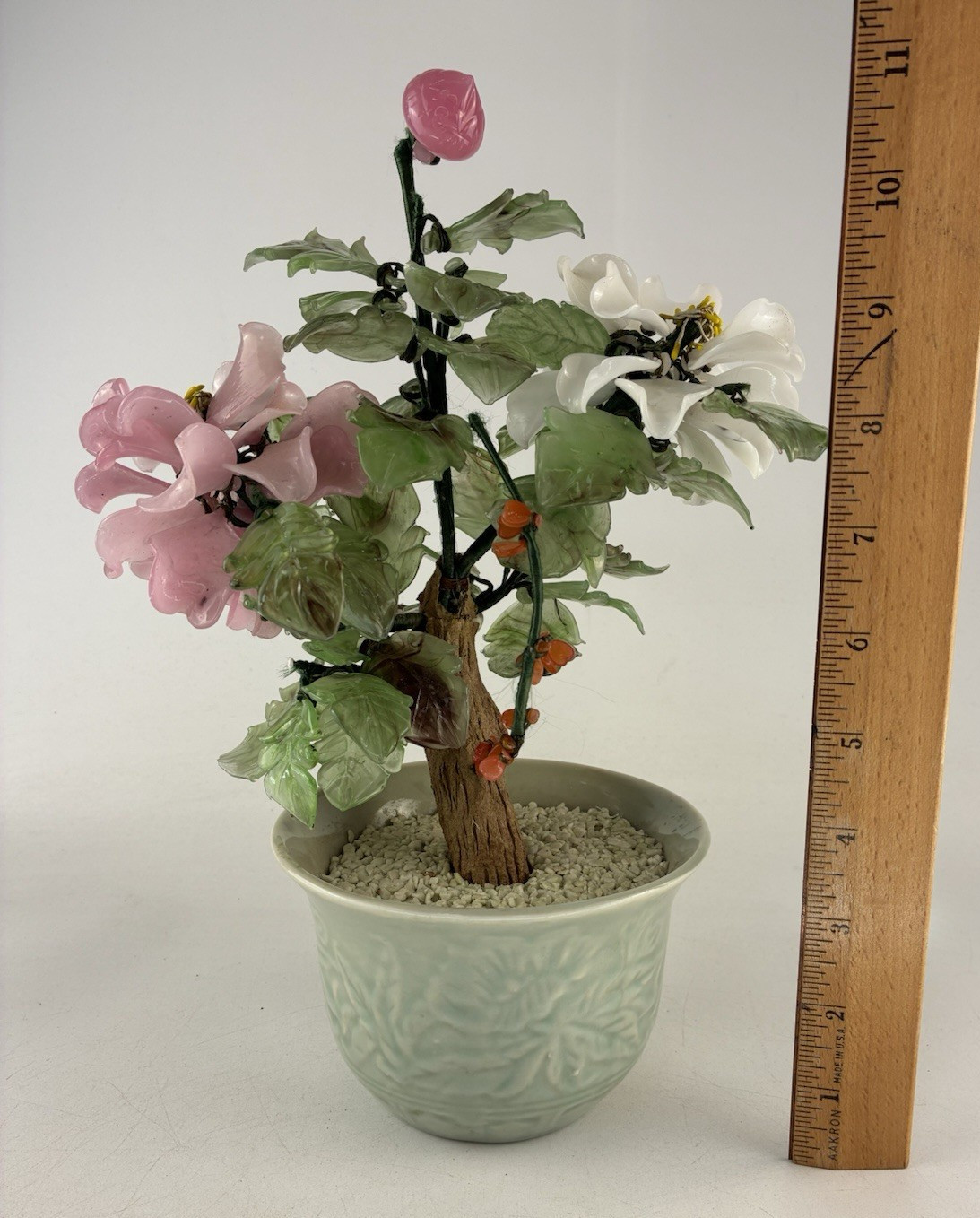 Mid-20th Century Glass Bonsai Flowering Tree ~ Pink & White Flowers 12″