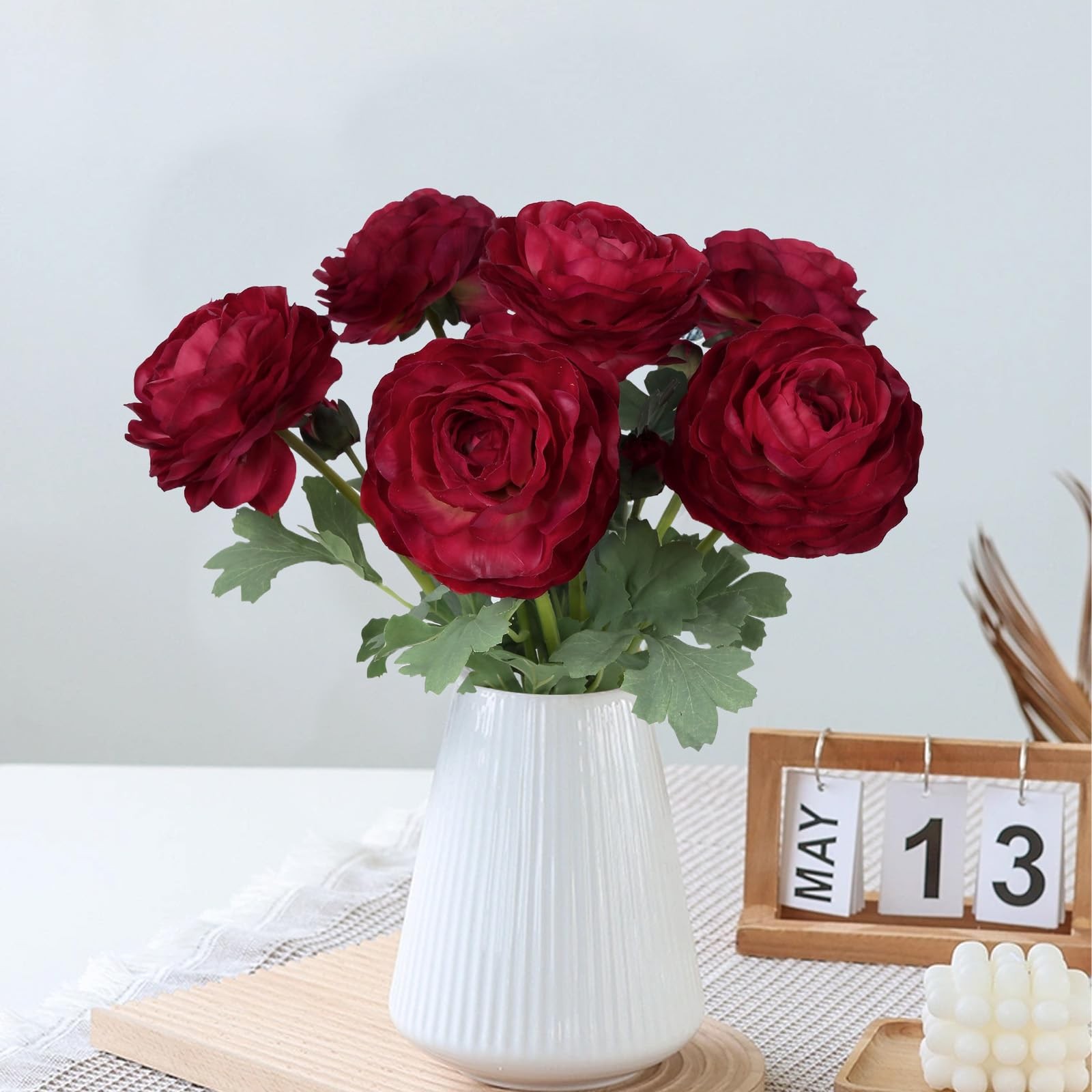 Dark Red Ranunculus Artificial Peonies Flowers Real Touch Wedding 6 PCS