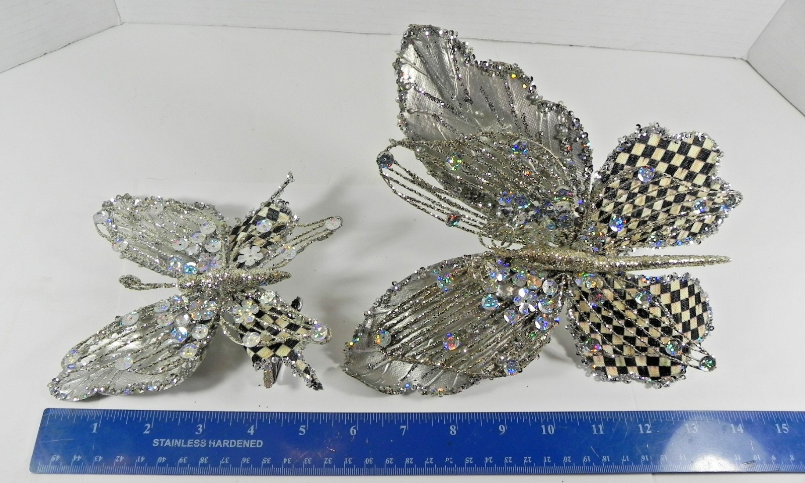 Mackenzie Childs 5″ / 8″ Silver Butterfly Clip On Set of 2