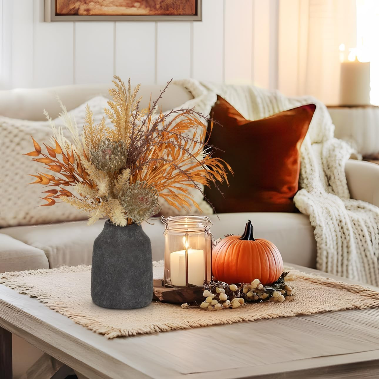 Boho Faux Pampas Grass Bouquet in Ceramic Vase – Fall Home Decor