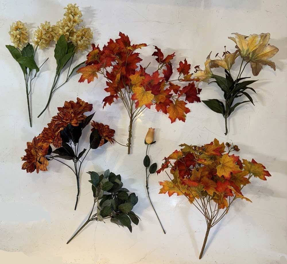 Fall Artificial Floral and Leaves Bulk Lot of 9 Pieces Plastic & Fabric