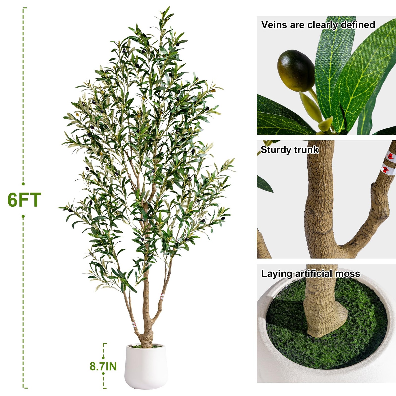6ft Faux Olive Tree with White Pot & Moss, Artificial Olive Tree Indoor Outdo…