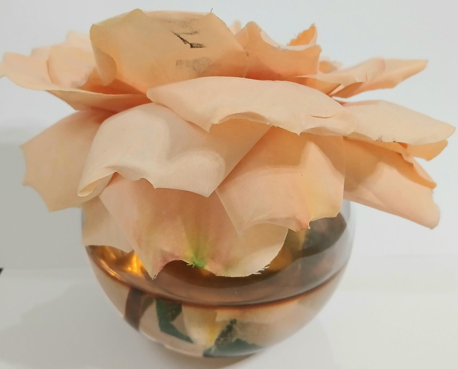 Vintage Peach Color Silk Flower Artificial  w/ Resin in Glass Bowl 5″