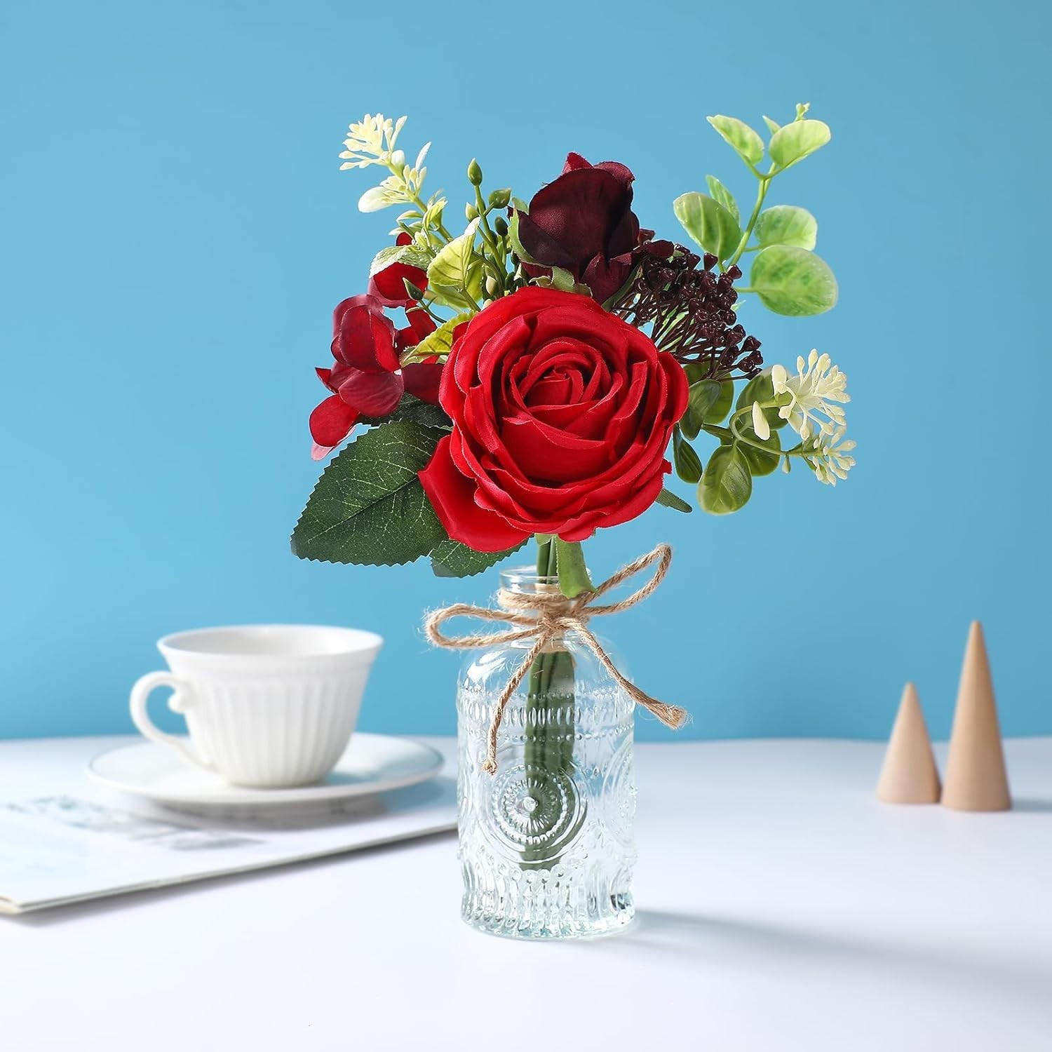 Artificial Flowers with Vase – Small Red Fake Plants Faux Silk Flower Arrange…