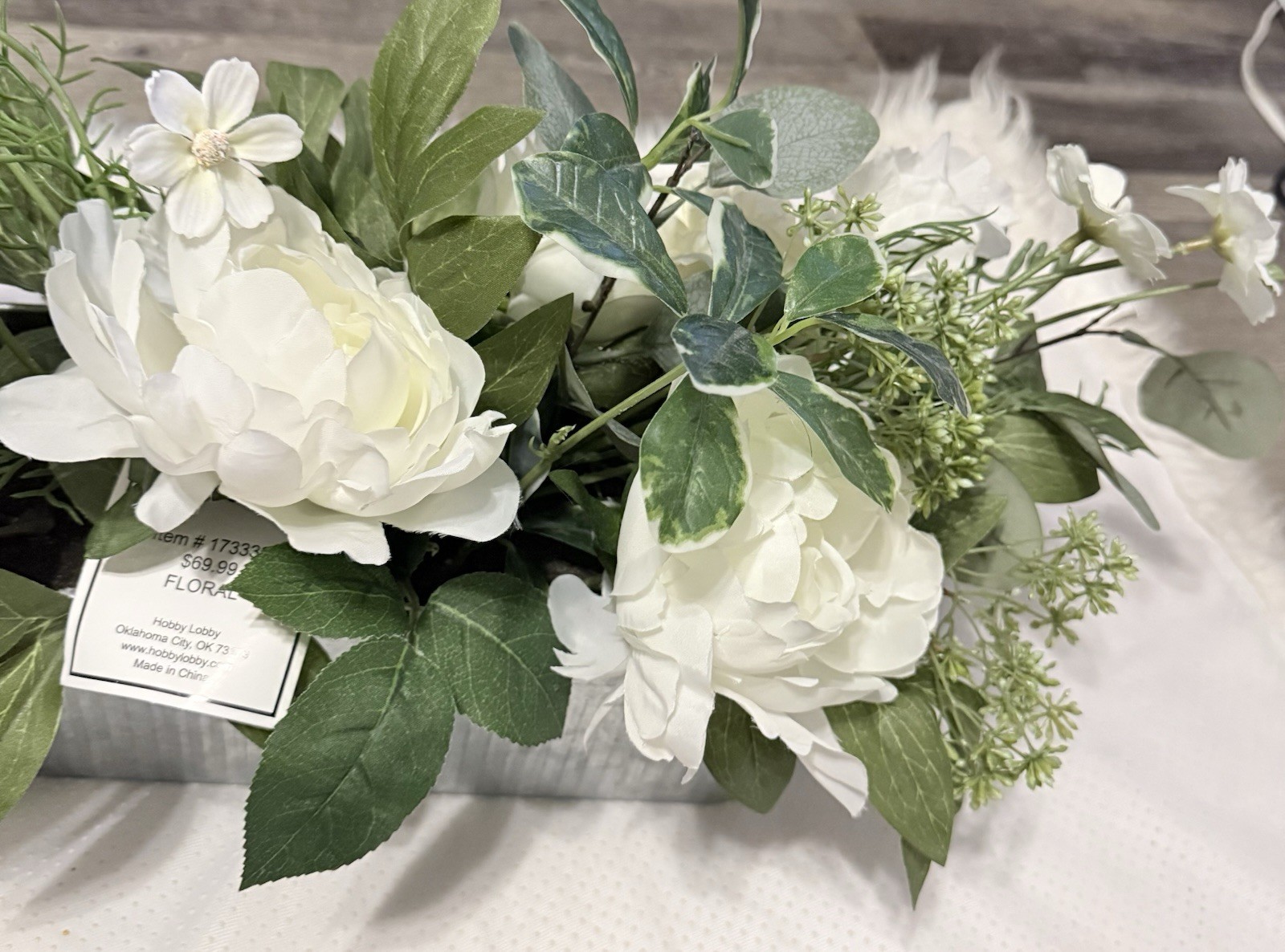 Hobby Lobby Artificial Peony Arrangement White Green Silk in Metal Container