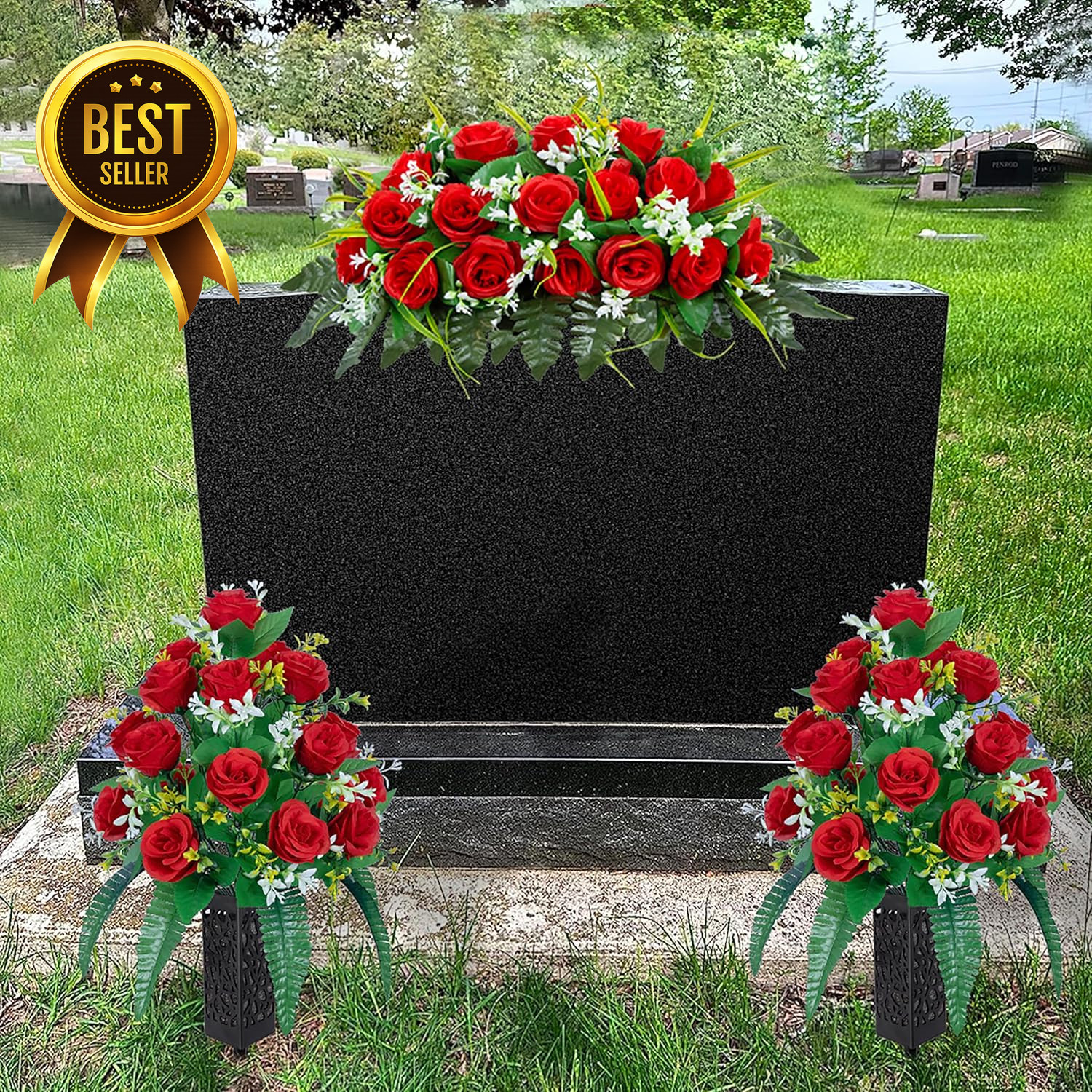 2 Sets Artificial Cemetery Flowers Grave Decorations Roses with Nail Vases Red
