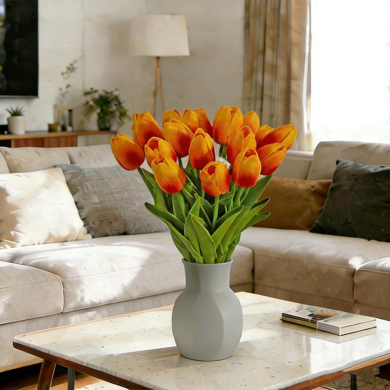 20 PCS OrangeRed Artificial Tulip Flowers 13 Inch Faux Bouquet Easter Decor
