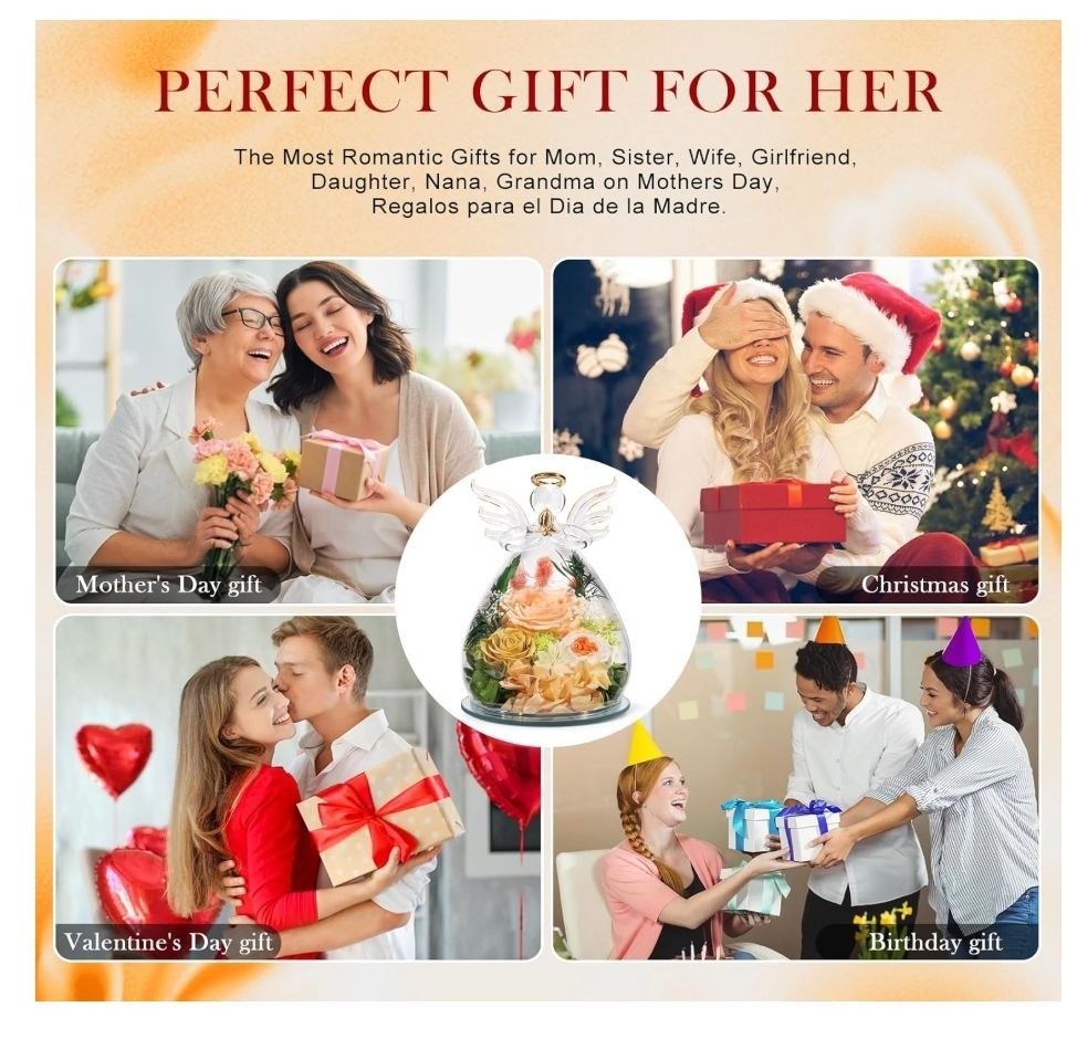 Gifts for Women Birthday Preserved Rose Forever Flower in Glass Angel Figurines