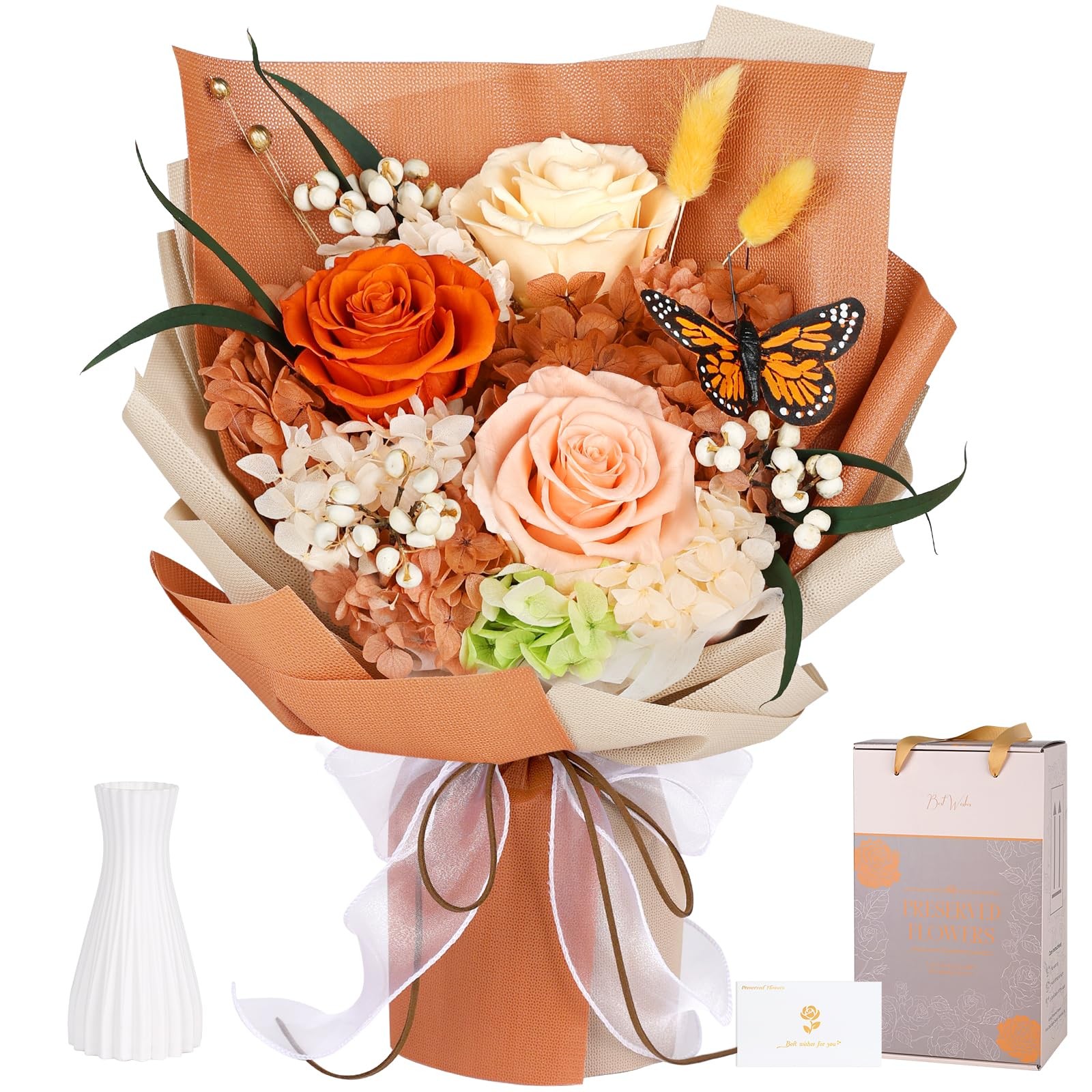 Preserved Flowers Bouquet with Butterfly 3 Roses & Flowers for Delivery, Lon…