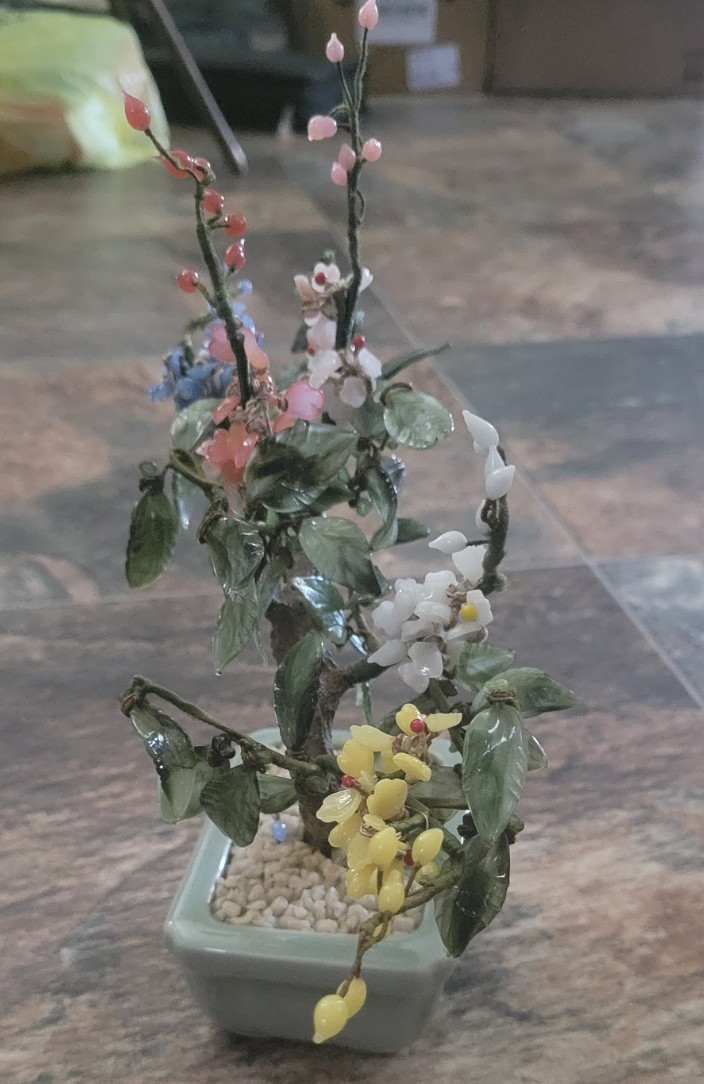 Vintage Chinese Glass Jade Bonsai Tree Celadon Pot Multi Color Flower Marked 9″