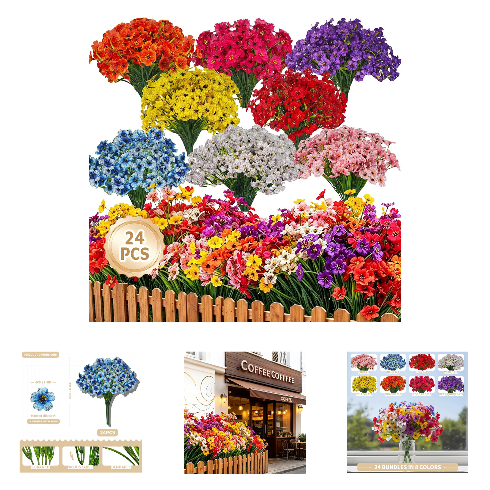 Artificial Flowers Set 24 Bundles UV Resistant for Outdoors 8 Colors Fake Plants