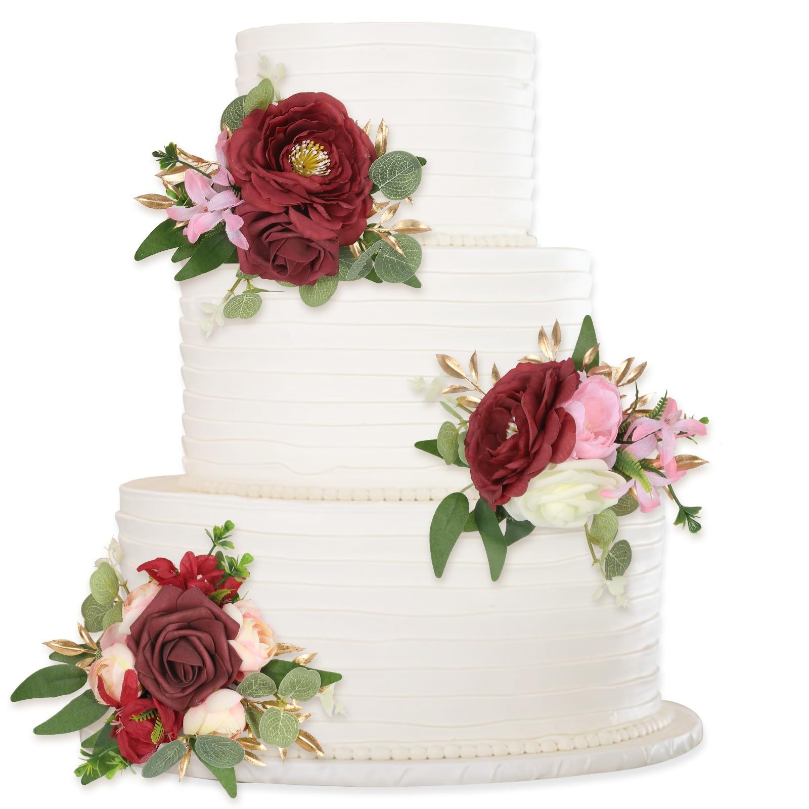 3PCS Wedding Cake Toppers Burgundy Flowers Artificial Cake Flowers for Weddin…
