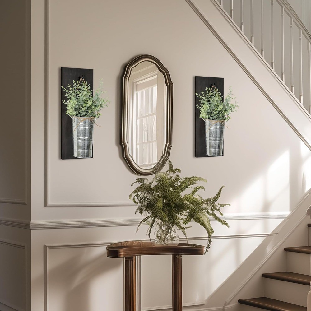 Set of 2 Wood Hanging Planters with Artificial Eucalyptus, Wall Decor